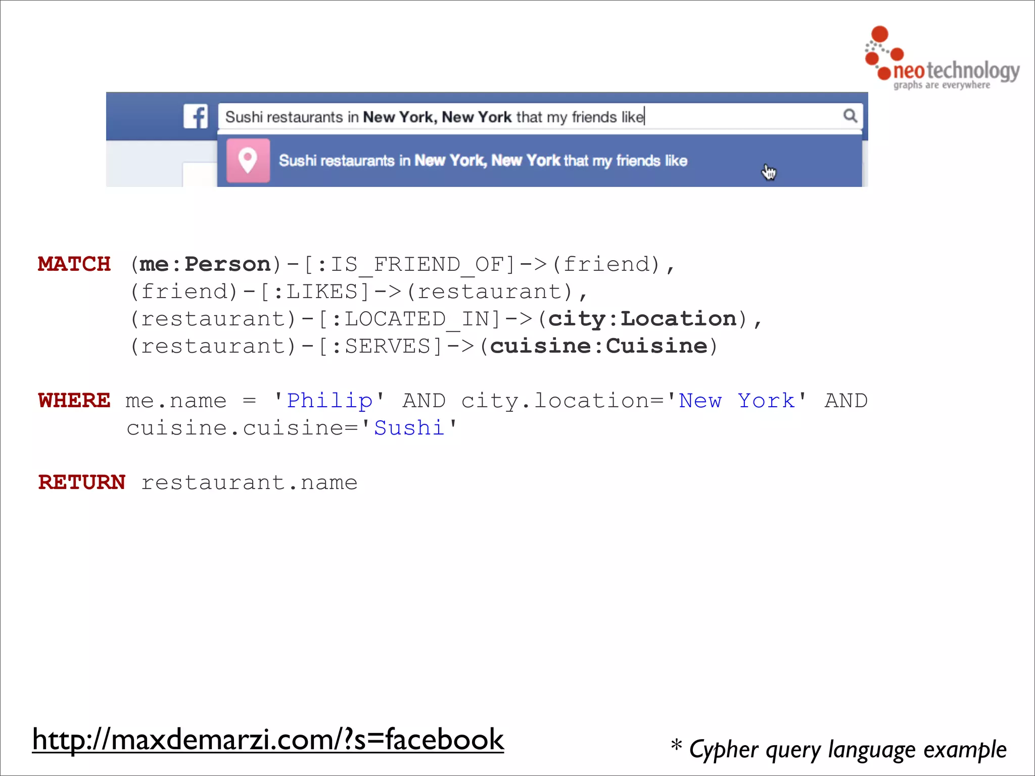 MATCH (me:Person)-[:IS_FRIEND_OF]->(friend),
(friend)-[:LIKES]->(restaurant),
(restaurant)-[:LOCATED_IN]->(city:Location),
(restaurant)-[:SERVES]->(cuisine:Cuisine)
WHERE me.name = 'Philip' AND city.location='New York' AND
cuisine.cuisine='Sushi'
RETURN restaurant.name
* Cypher query language examplehttp://maxdemarzi.com/?s=facebook
 