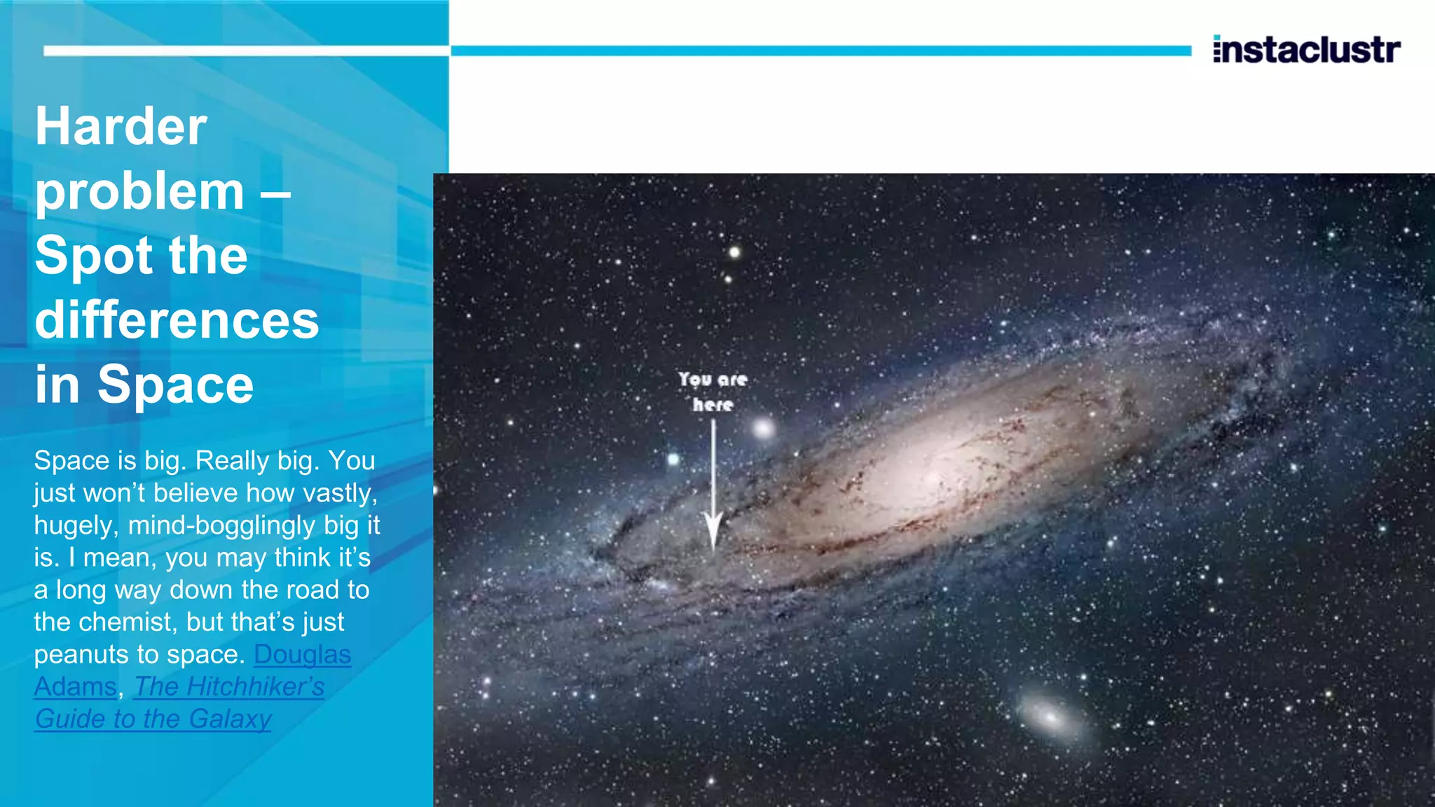 Harder problem – Spot the differences in Space Space is big. Really big. You just won’t believe how vastly, hugely, mind-bogglingly big it is. I mean, you may think it’s a long way down the road to the chemist, but that’s just peanuts to space. Douglas Adams, The Hitchhiker’s Guide to the Galaxy 