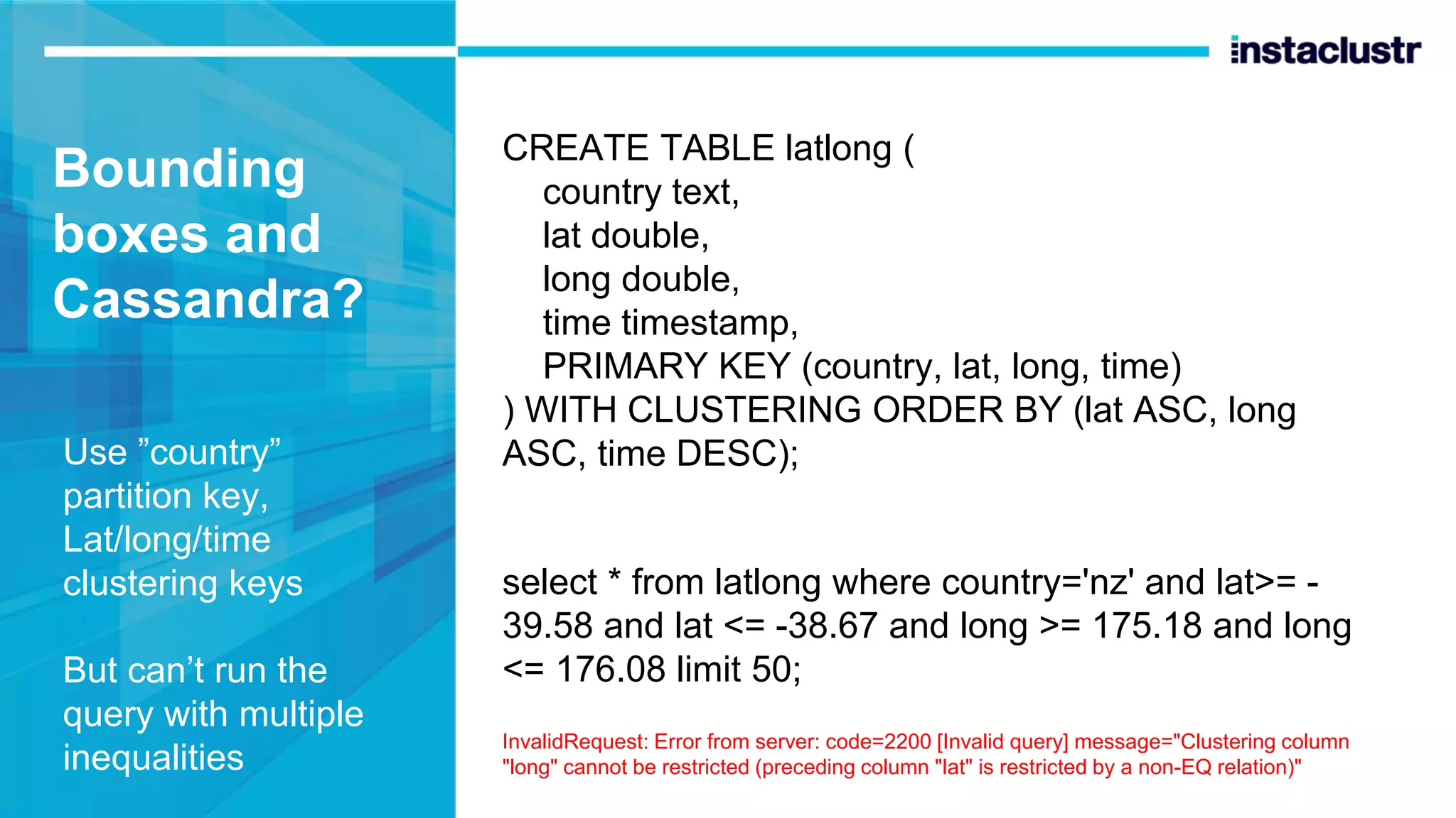 Bounding boxes and Cassandra? Use ”country” partition key, Lat/long/time clustering keys But can’t run the query with multiple inequalities CREATE TABLE latlong ( country text, lat double, long double, time timestamp, PRIMARY KEY (country, lat, long, time) ) WITH CLUSTERING ORDER BY (lat ASC, long ASC, time DESC); select * from latlong where country='nz' and lat>= - 39.58 and lat <= -38.67 and long >= 175.18 and long <= 176.08 limit 50; InvalidRequest: Error from server: code=2200 [Invalid query] message="Clustering column "long" cannot be restricted (preceding column "lat" is restricted by a non-EQ relation)" 