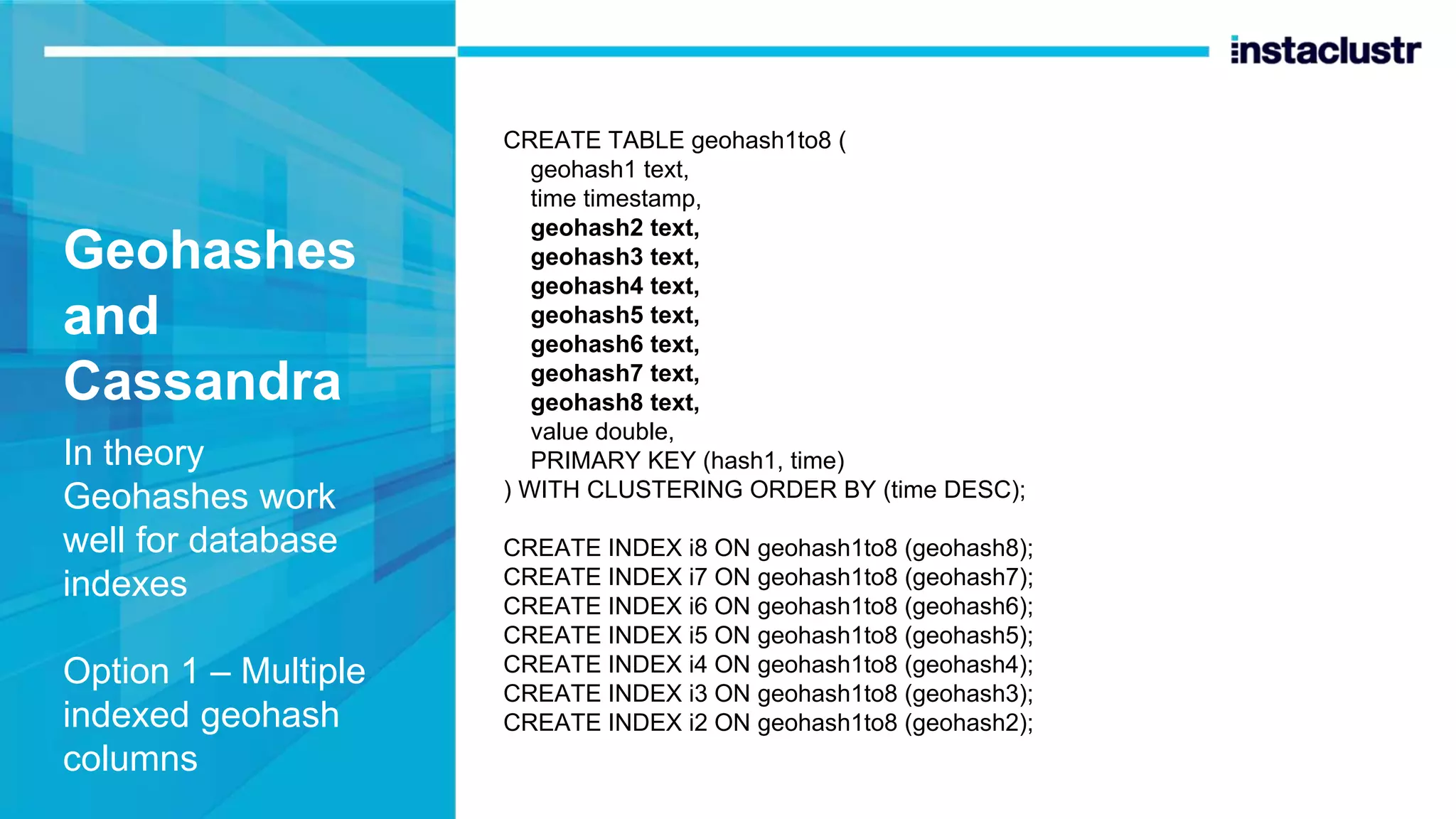 Geohashes and Cassandra In theory Geohashes work well for database indexes Option 1 – Multiple indexed geohash columns CREATE TABLE geohash1to8 ( geohash1 text, time timestamp, geohash2 text, geohash3 text, geohash4 text, geohash5 text, geohash6 text, geohash7 text, geohash8 text, value double, PRIMARY KEY (hash1, time) ) WITH CLUSTERING ORDER BY (time DESC); CREATE INDEX i8 ON geohash1to8 (geohash8); CREATE INDEX i7 ON geohash1to8 (geohash7); CREATE INDEX i6 ON geohash1to8 (geohash6); CREATE INDEX i5 ON geohash1to8 (geohash5); CREATE INDEX i4 ON geohash1to8 (geohash4); CREATE INDEX i3 ON geohash1to8 (geohash3); CREATE INDEX i2 ON geohash1to8 (geohash2); 