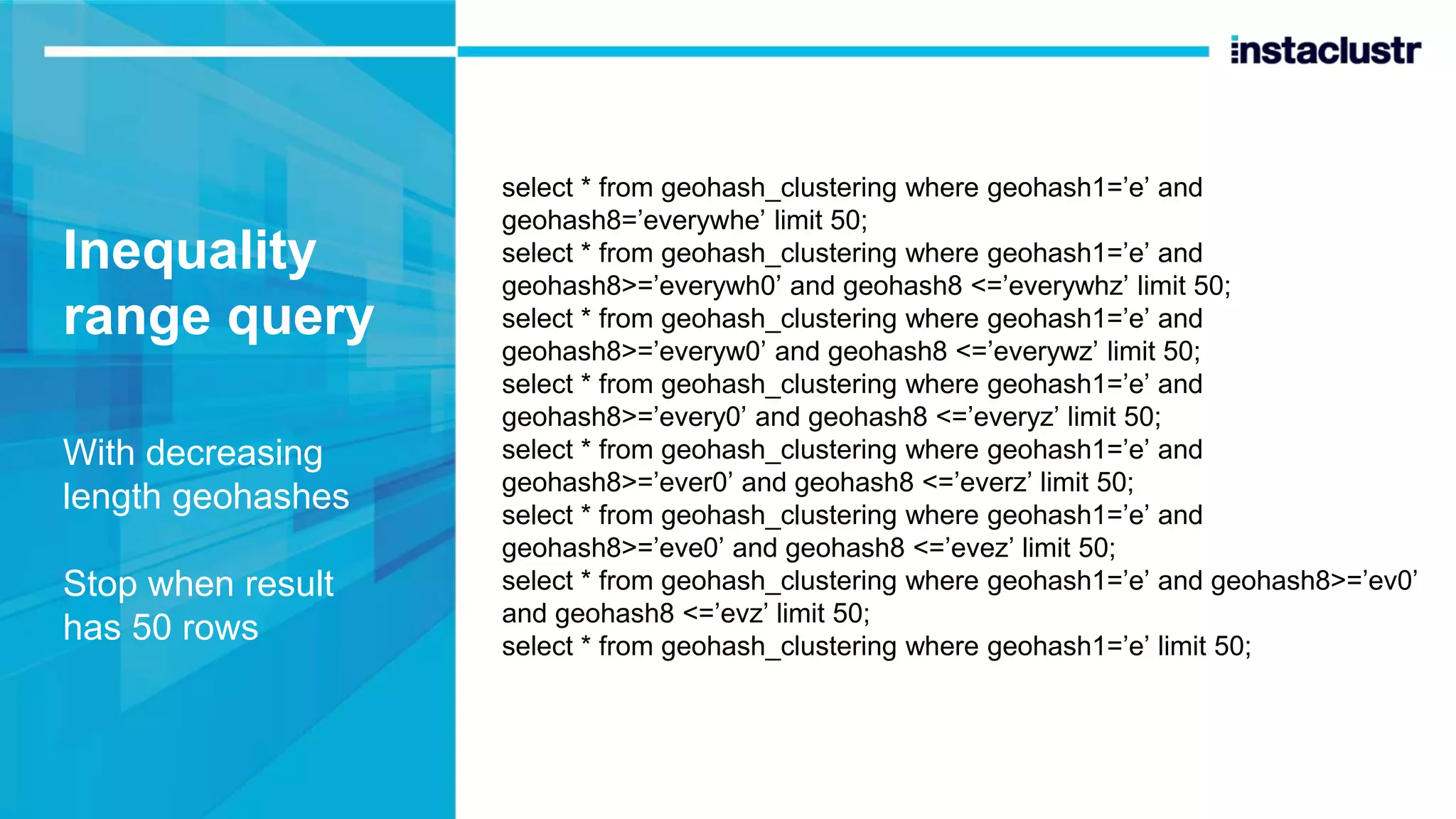 Inequality range query With decreasing length geohashes Stop when result has 50 rows select * from geohash_clustering where geohash1=’e’ and geohash8=’everywhe’ limit 50; select * from geohash_clustering where geohash1=’e’ and geohash8>=’everywh0’ and geohash8 <=’everywhz’ limit 50; select * from geohash_clustering where geohash1=’e’ and geohash8>=’everyw0’ and geohash8 <=’everywz’ limit 50; select * from geohash_clustering where geohash1=’e’ and geohash8>=’every0’ and geohash8 <=’everyz’ limit 50; select * from geohash_clustering where geohash1=’e’ and geohash8>=’ever0’ and geohash8 <=’everz’ limit 50; select * from geohash_clustering where geohash1=’e’ and geohash8>=’eve0’ and geohash8 <=’evez’ limit 50; select * from geohash_clustering where geohash1=’e’ and geohash8>=’ev0’ and geohash8 <=’evz’ limit 50; select * from geohash_clustering where geohash1=’e’ limit 50; 