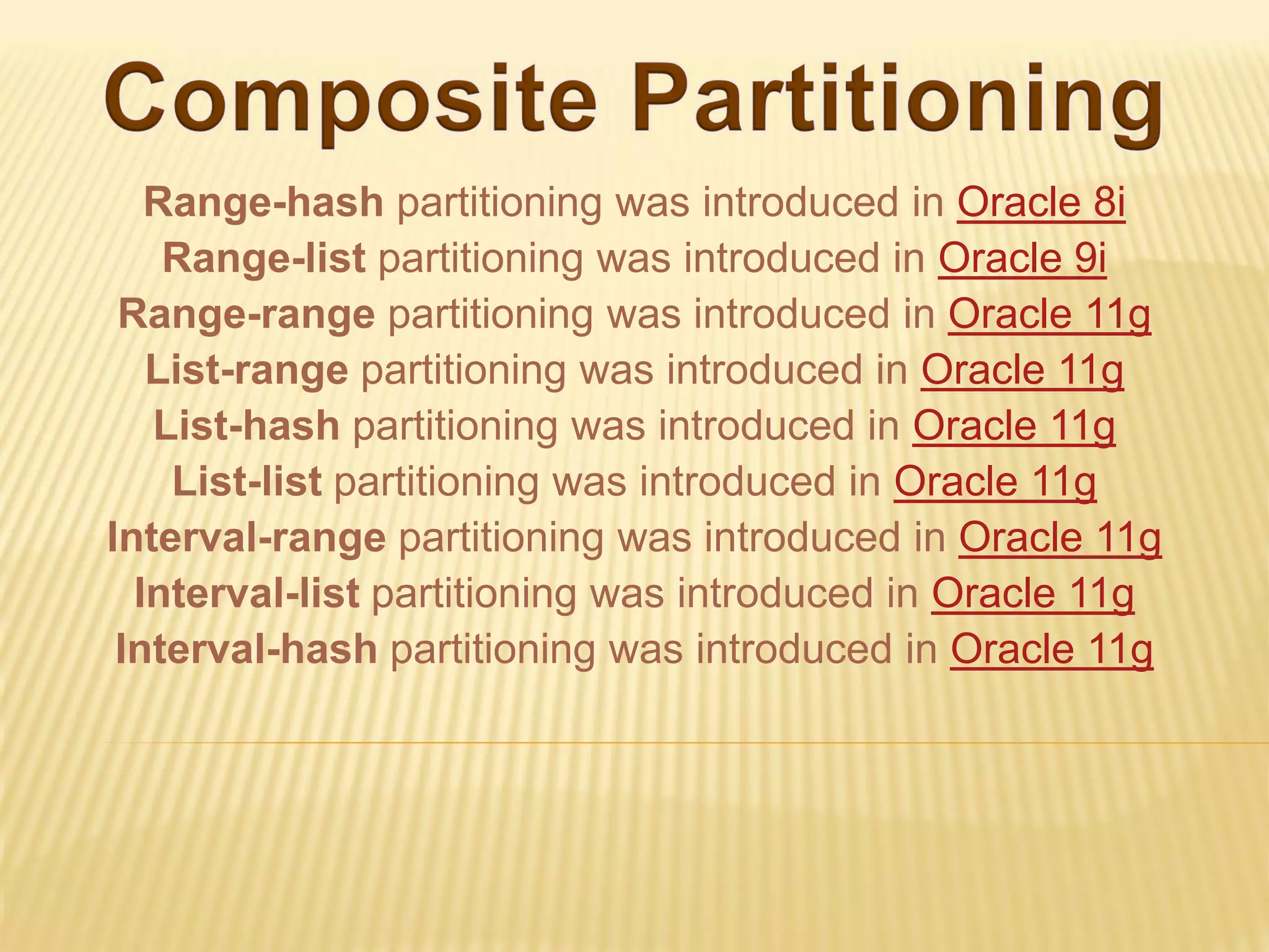 Range-hash partitioning was introduced in Oracle 8i
    Range-list partitioning was introduced in Oracle 9i
 Range-range partitioning was introduced in Oracle 11g
   List-range partitioning was introduced in Oracle 11g
   List-hash partitioning was introduced in Oracle 11g
    List-list partitioning was introduced in Oracle 11g
Interval-range partitioning was introduced in Oracle 11g
  Interval-list partitioning was introduced in Oracle 11g
 Interval-hash partitioning was introduced in Oracle 11g
 