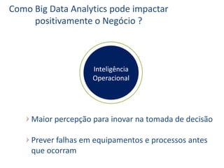 Como Big Data Analytics pode impactar
positivamente o Negócio ?
Maior percepção para inovar na tomada de decisão
Prever falhas em equipamentos e processos antes
que ocorram
Inteligência
Operacional
 