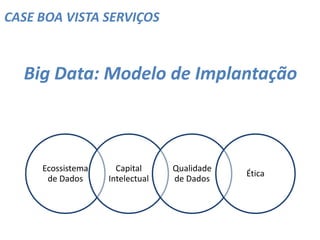 Ecossistema
de Dados
Capital
Intelectual
Qualidade
de Dados
Ética
CASE BOA VISTA SERVIÇOS
Big Data: Modelo de Implantação
 