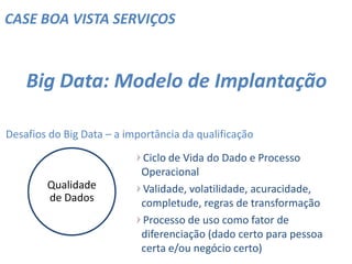 CASE BOA VISTA SERVIÇOS
Big Data: Modelo de Implantação
Desafios do Big Data – a importância da qualificação
Ciclo de Vida do Dado e Processo
Operacional
Validade, volatilidade, acuracidade,
completude, regras de transformação
Processo de uso como fator de
diferenciação (dado certo para pessoa
certa e/ou negócio certo)
Qualidade
de Dados
 