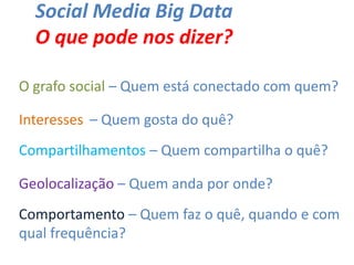 Social Media Big Data
O que pode nos dizer?
O grafo social – Quem está conectado com quem?
Interesses – Quem gosta do quê?
Compartilhamentos – Quem compartilha o quê?
Geolocalização – Quem anda por onde?
Comportamento – Quem faz o quê, quando e com
qual frequência?
 