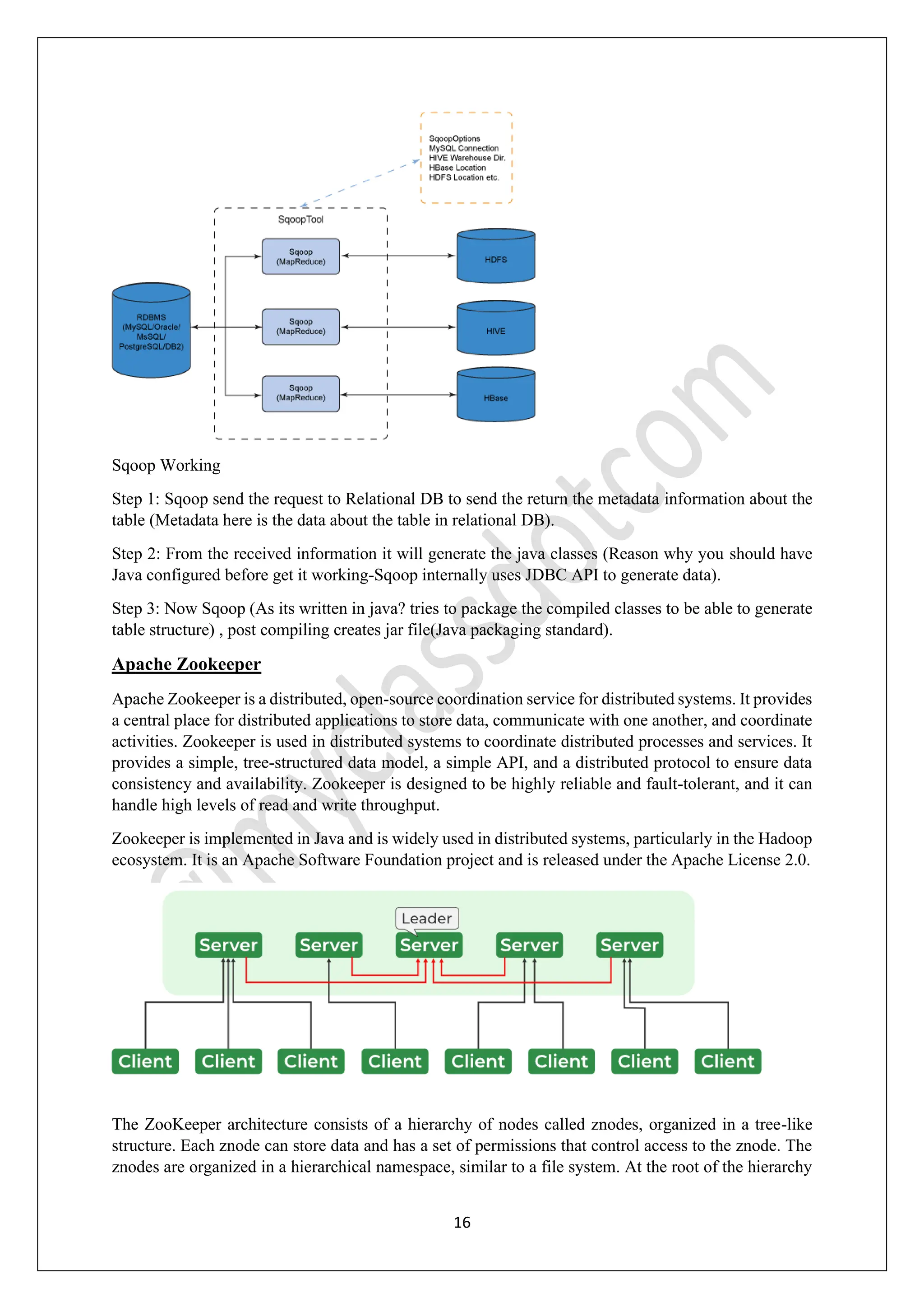 16
Sqoop Working
Step 1: Sqoop send the request to Relational DB to send the return the metadata information about the
table (Metadata here is the data about the table in relational DB).
Step 2: From the received information it will generate the java classes (Reason why you should have
Java configured before get it working-Sqoop internally uses JDBC API to generate data).
Step 3: Now Sqoop (As its written in java? tries to package the compiled classes to be able to generate
table structure) , post compiling creates jar file(Java packaging standard).
Apache Zookeeper
Apache Zookeeper is a distributed, open-source coordination service for distributed systems. It provides
a central place for distributed applications to store data, communicate with one another, and coordinate
activities. Zookeeper is used in distributed systems to coordinate distributed processes and services. It
provides a simple, tree-structured data model, a simple API, and a distributed protocol to ensure data
consistency and availability. Zookeeper is designed to be highly reliable and fault-tolerant, and it can
handle high levels of read and write throughput.
Zookeeper is implemented in Java and is widely used in distributed systems, particularly in the Hadoop
ecosystem. It is an Apache Software Foundation project and is released under the Apache License 2.0.
The ZooKeeper architecture consists of a hierarchy of nodes called znodes, organized in a tree-like
structure. Each znode can store data and has a set of permissions that control access to the znode. The
znodes are organized in a hierarchical namespace, similar to a file system. At the root of the hierarchy
 