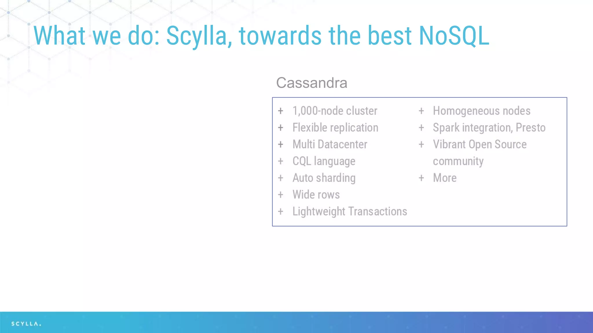 What we do: Scylla, towards the best NoSQL
Cassandra
 