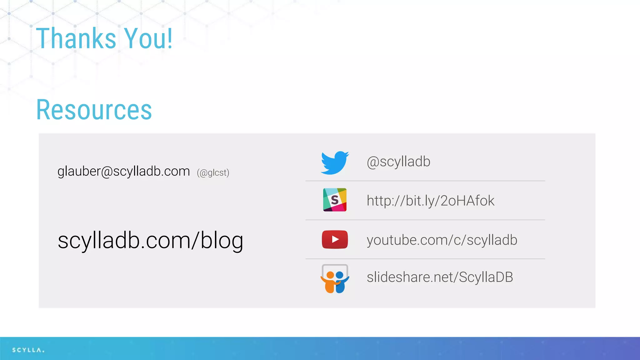 Thanks You!
Resources
slideshare.net/ScyllaDB
glauber@scylladb.com (@glcst)
@scylladb
http://bit.ly/2oHAfok
youtube.com/c/scylladbscylladb.com/blog
 