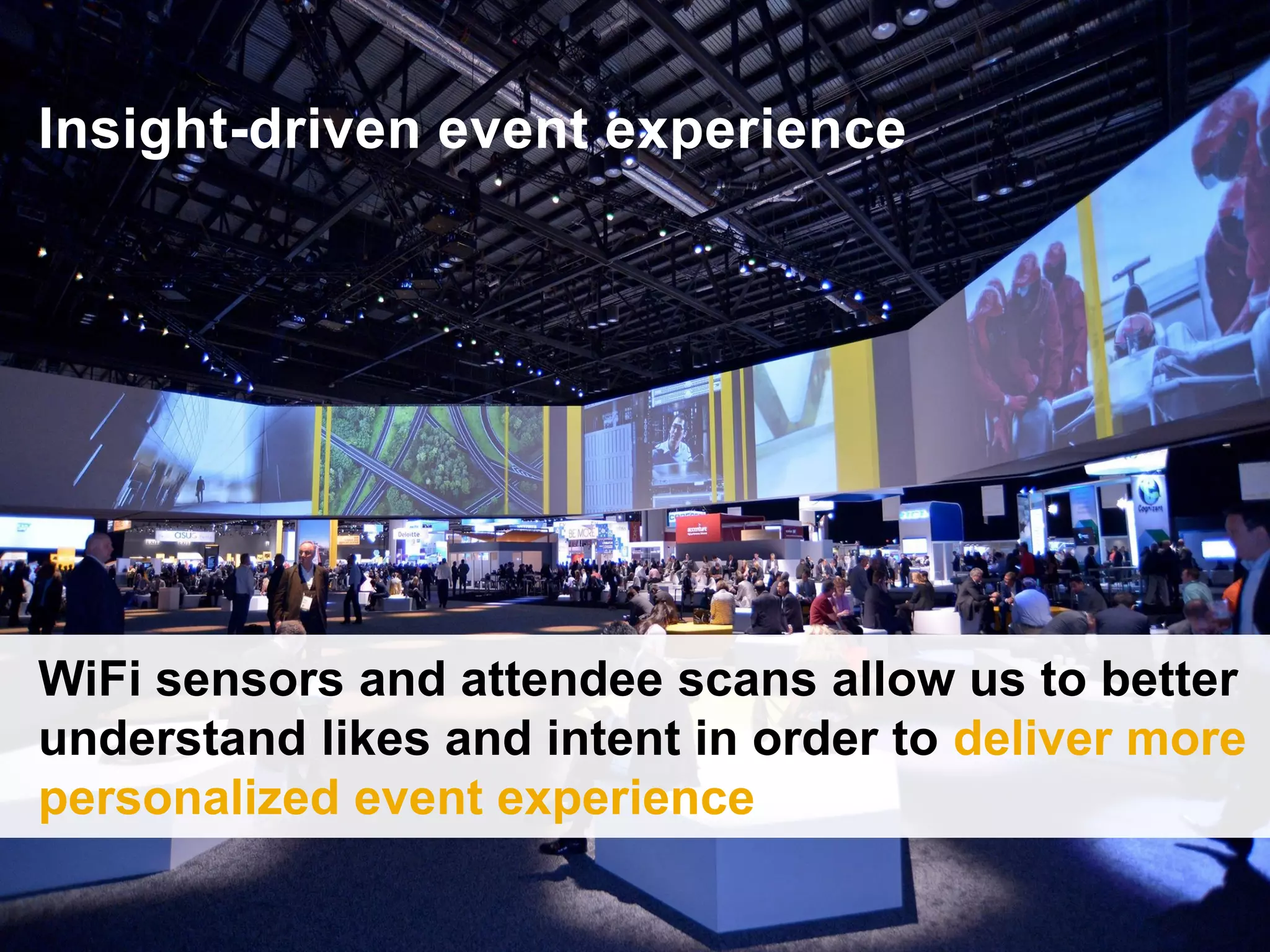 25© 2015 SAP SE or an SAP affiliate company. All rights reserved.
Insight-driven event experience
WiFi sensors and attendee scans allow us to better
understand likes and intent in order to deliver more
personalized event experience
 