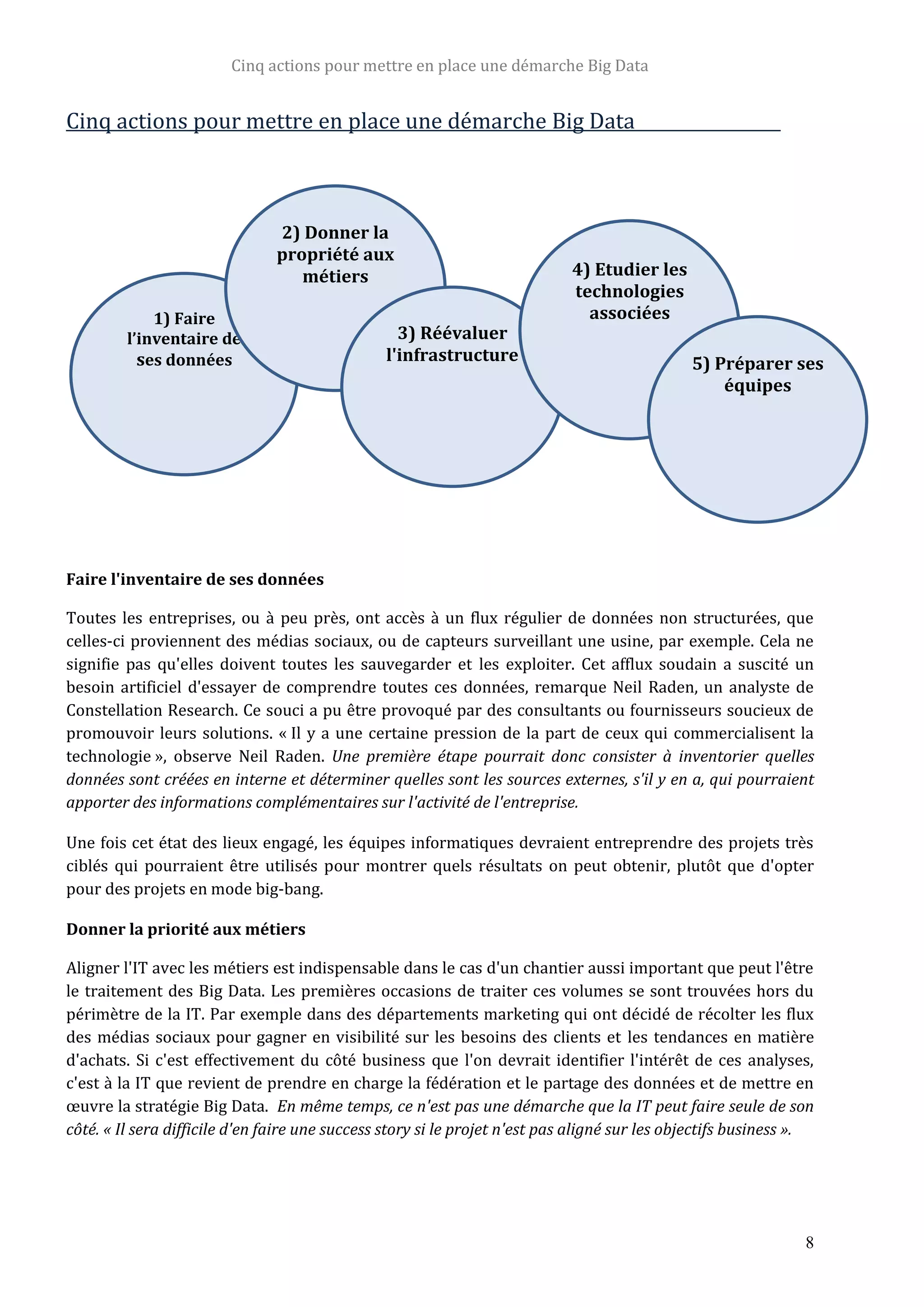 Cinq actions pour mettre en place une démarche Big Data
8
Cinq actions pour mettre en place une démarche Big Data
Faire l'inventaire de ses données
Toutes les entreprises, ou à peu près, ont accès à un flux régulier de données non structurées, que
celles-ci proviennent des médias sociaux, ou de capteurs surveillant une usine, par exemple. Cela ne
signifie pas qu'elles doivent toutes les sauvegarder et les exploiter. Cet afflux soudain a suscité un
besoin artificiel d'essayer de comprendre toutes ces données, remarque Neil Raden, un analyste de
Constellation Research. Ce souci a pu être provoqué par des consultants ou fournisseurs soucieux de
promouvoir leurs solutions. « Il y a une certaine pression de la part de ceux qui commercialisent la
technologie », observe Neil Raden. Une première étape pourrait donc consister à inventorier quelles
données sont créées en interne et déterminer quelles sont les sources externes, s'il y en a, qui pourraient
apporter des informations complémentaires sur l'activité de l'entreprise.
Une fois cet état des lieux engagé, les équipes informatiques devraient entreprendre des projets très
ciblés qui pourraient être utilisés pour montrer quels résultats on peut obtenir, plutôt que d'opter
pour des projets en mode big-bang.
Donner la priorité aux métiers
Aligner l'IT avec les métiers est indispensable dans le cas d'un chantier aussi important que peut l'être
le traitement des Big Data. Les premières occasions de traiter ces volumes se sont trouvées hors du
périmètre de la IT. Par exemple dans des départements marketing qui ont décidé de récolter les flux
des médias sociaux pour gagner en visibilité sur les besoins des clients et les tendances en matière
d'achats. Si c'est effectivement du côté business que l'on devrait identifier l'intérêt de ces analyses,
c'est à la IT que revient de prendre en charge la fédération et le partage des données et de mettre en
œuvre la stratégie Big Data. En même temps, ce n'est pas une démarche que la IT peut faire seule de son
côté. « Il sera difficile d'en faire une success story si le projet n'est pas aligné sur les objectifs business ».
1) Faire
l’inventaire de
ses données
2) Donner la
propriété aux
métiers
3) Réévaluer
l'infrastructure
4) Etudier les
technologies
associées
5) Préparer ses
équipes
 