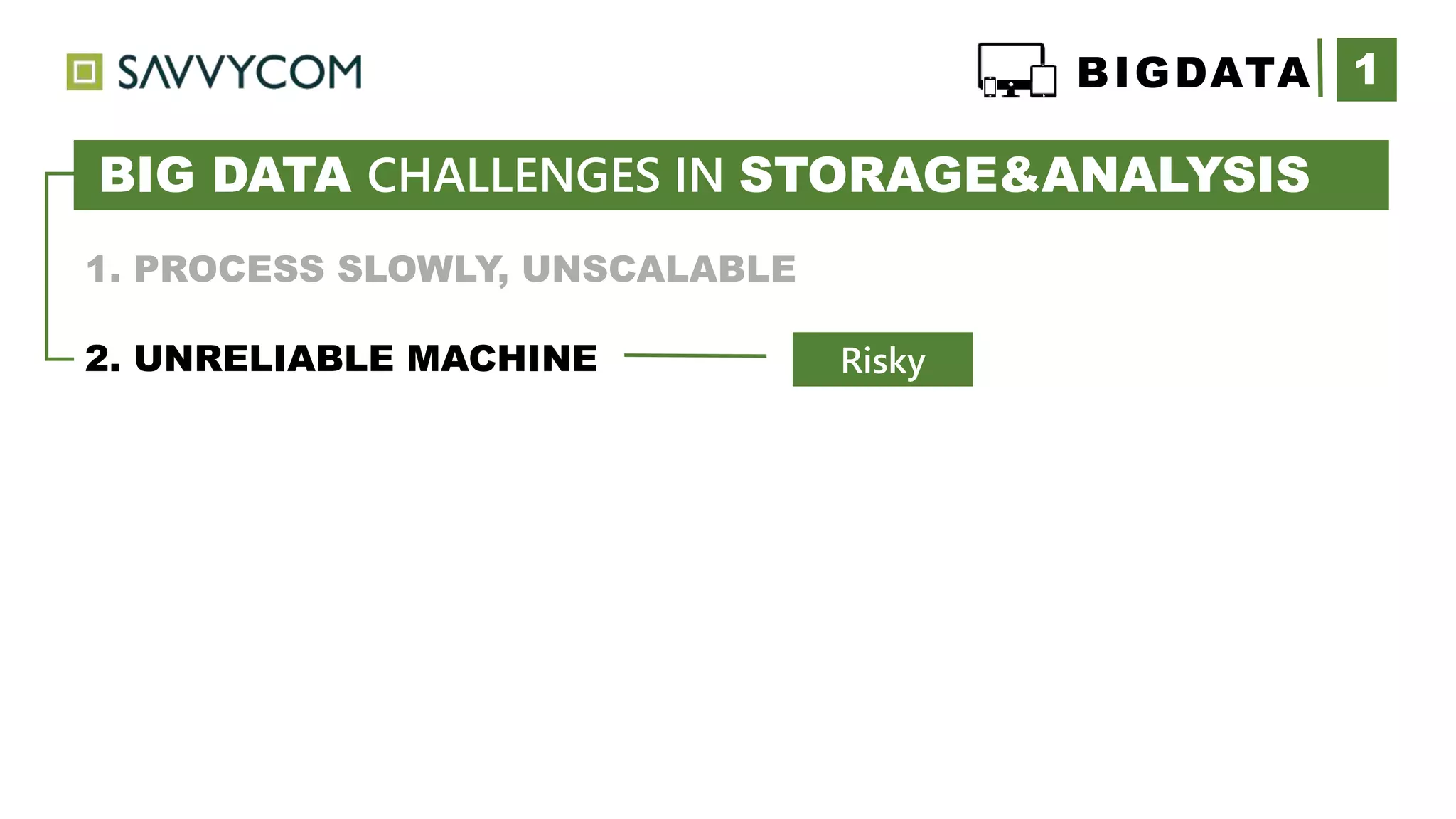 1BIGDATA
1. PROCESS SLOWLY, UNSCALABLE
2. UNRELIABLE MACHINE
IDE drive (75MB/sec, 10ms seek)
Risky
BIG DATA CHALLENGES IN STORAGE&ANALYSIS
 