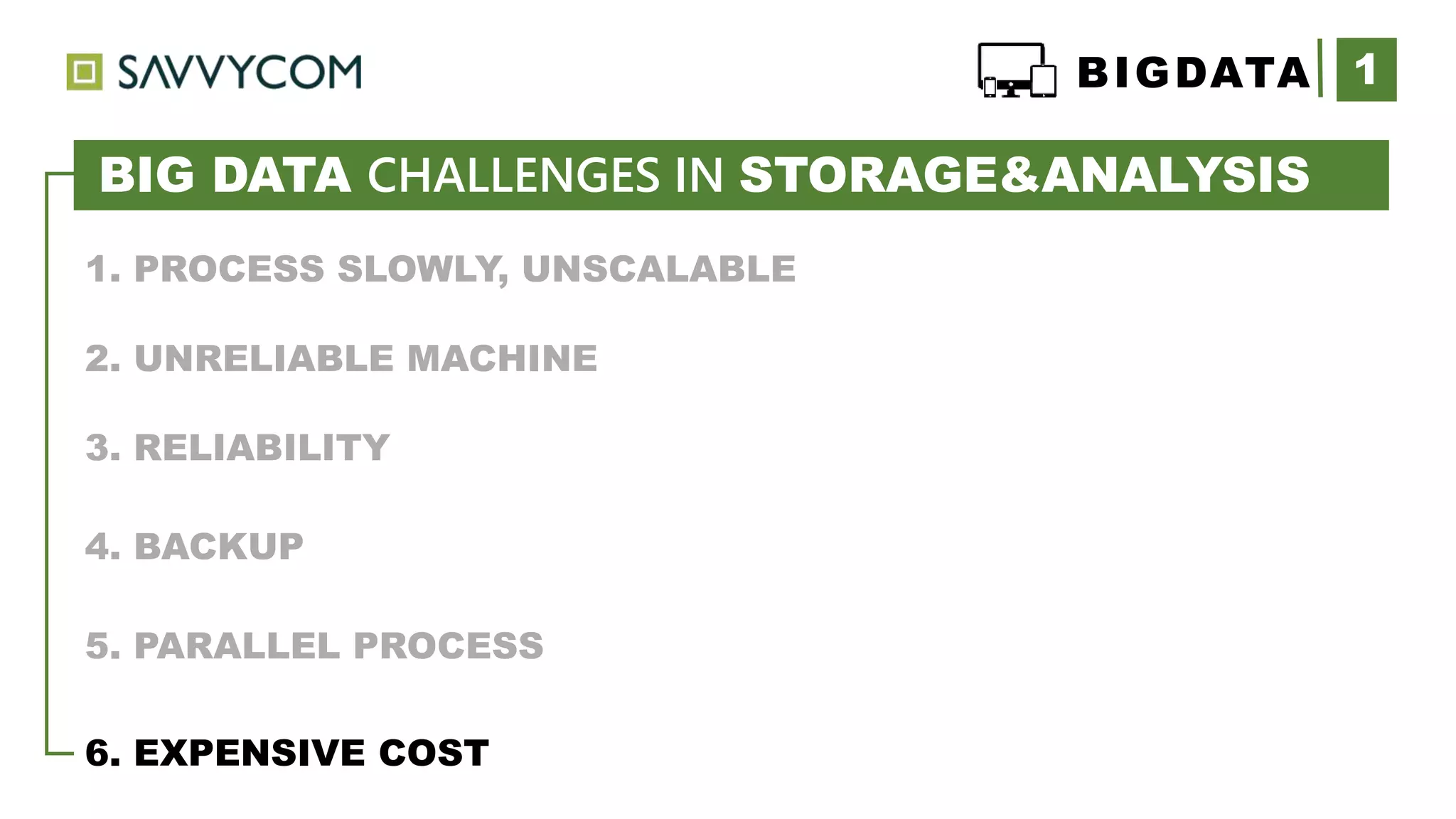 1BIGDATA
1. PROCESS SLOWLY, UNSCALABLE
2. UNRELIABLE MACHINE
3. RELIABILITY
4. BACKUP
5. PARALLEL PROCESS
6. EXPENSIVE COST
IDE drive (75MB/sec, 10ms seek)
BIG DATA CHALLENGES IN STORAGE&ANALYSIS
 