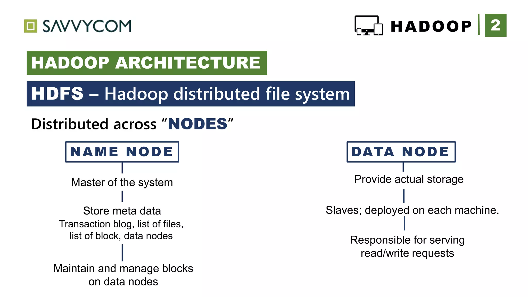 2HADOOP
HADOOP ARCHITECTURE
+
Provide actual storage
NAME NODE DATA NODE
Master of the system
Store meta data
Transaction blog, list of files,
list of block, data nodes
Maintain and manage blocks
on data nodes
Responsible for serving
read/write requests
Slaves; deployed on each machine.
Distributed across “NODES”
HDFS – Hadoop distributed file system
 