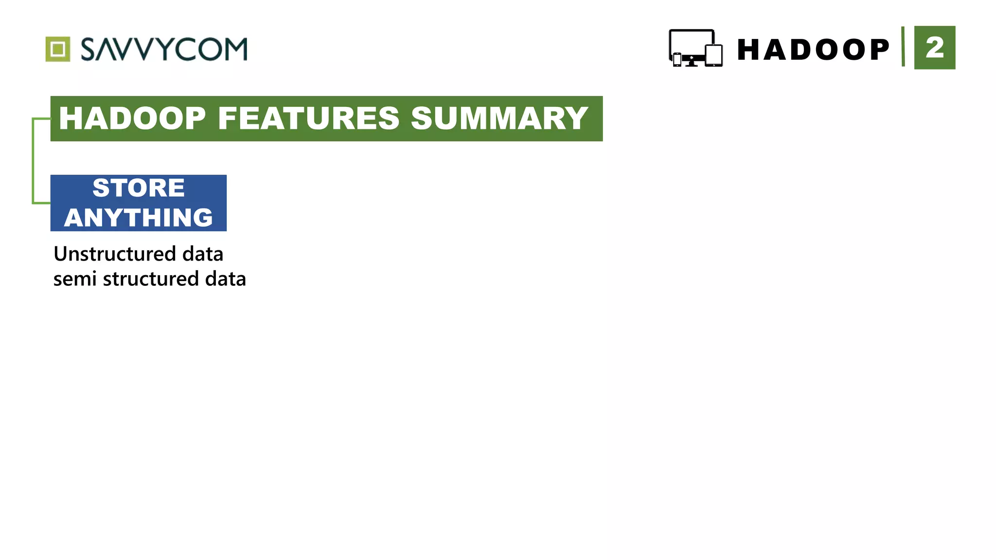 2HADOOP
HADOOP FEATURES SUMMARY
+
STORE
ANYTHING
Unstructured data
semi structured data
 