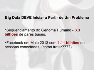 Big Data DEVE Iniciar a Partir de Um Problema

Sequenciamento do Genoma Humano - 3.3
bilhões de pares bases.

Facebook em Maio 2013 com 1.11 bilhões de
pessoas conectadas (como tratar????).
 