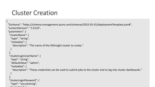 @davidgiard
Cluster Creation
{
"$schema": "https://schema.management.azure.com/schemas/2015-01-01/deploymentTemplate.json#",
"contentVersion": "1.0.0.0",
"parameters": {
"clusterName": {
"type": "string",
"metadata": {
"description": "The name of the HDInsight cluster to create."
}
},
"clusterLoginUserName": {
"type": "string",
"defaultValue": "admin",
"metadata": {
"description": "These credentials can be used to submit jobs to the cluster and to log into cluster dashboards."
}
},
"clusterLoginPassword": {
"type": "securestring",
 