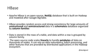 @davidgiard
HBase
• Apache HBase is an open-source, NoSQL database that is built on Hadoop
and modeled after Google BigTable.
• HBase provides random access and strong consistency for large amounts of
unstructured and semistructured data in a schemaless database organized
by column families
• Data is stored in the rows of a table, and data within a row is grouped by
column family.
• The open-source code scales linearly to handle petabytes of data on
thousands of nodes. It can rely on data redundancy, batch processing, and
other features that are provided by distributed applications in the Hadoop
ecosystem.
 