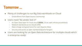 Tomorrow ...
● Plenty of challenges to run Big Data workloads on Cloud
○ Great efforts from Open Source community!
● Users...