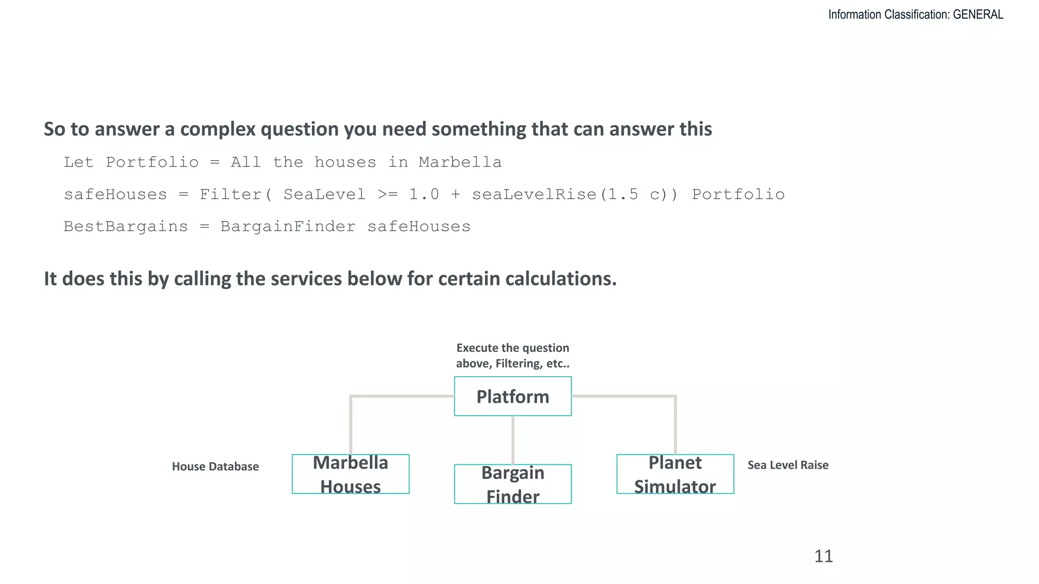 Information Classification: GENERAL
HOW TO ANSWER A COMPLEX QUESTION
11
So to answer a complex question you need something that can answer this
Let Portfolio = All the houses in Marbella
safeHouses = Filter( SeaLevel >= 1.0 + seaLevelRise(1.5 c)) Portfolio
BestBargains = BargainFinder safeHouses
It does this by calling the services below for certain calculations.
Platform
Marbella
Houses
Planet
Simulator
Sea Level RaiseHouse Database
Execute the question
above, Filtering, etc..
Bargain
Finder
 