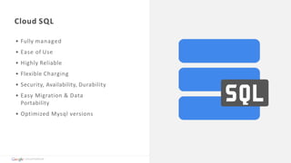 Cloud	SQL
• Fully	managed	
• Ease	of	Use	
• Highly	Reliable	
• Flexible	Charging	
• Security,	Availability,	Durability	
• Easy	Migration	&	Data	
Portability	
• Optimized	Mysql	versions
Cloud	Platform
 