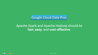 Google Cloud Platform 3
Apache Spark and Apache Hadoop should be
fast, easy, and cost-effective.
Google	Cloud	Data	Proc
 