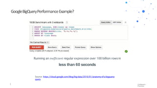 Confidential +
Proprietary
Google	BigQuery	Performance	Example	?
Running an inefficient	regular expression over 100 billion rowsin
less than 60 seconds
Source: https://cloud.google.com/blog/big-data/2016/01/anatomy-of-a-bigquery-
query
 