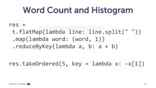 Word Count and Histogram
munz & more #32
res =
t.flatMap(lambda line: line.split(" "))
.map(lambda word: (word, 1))
.reduceByKey(lambda a, b: a + b)
res.takeOrdered(5, key = lambda x: -x[1])
 