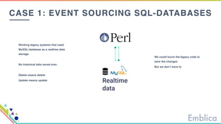 CASE 1: EVENT SOURCING SQL-DATABASES
Working legacy systems that used
MySQL-database as a realtime data
storage.
No historical data saved ever.
Delete means delete
Update means update
We could touch the legacy code to
save the changes
But we don’t have to
 