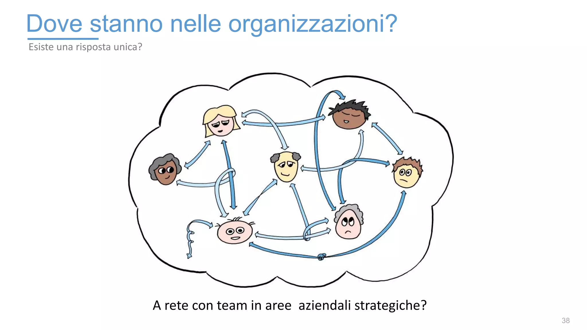 38
Dove stanno nelle organizzazioni?
Esiste una risposta unica?
A rete con team in aree aziendali strategiche?
 