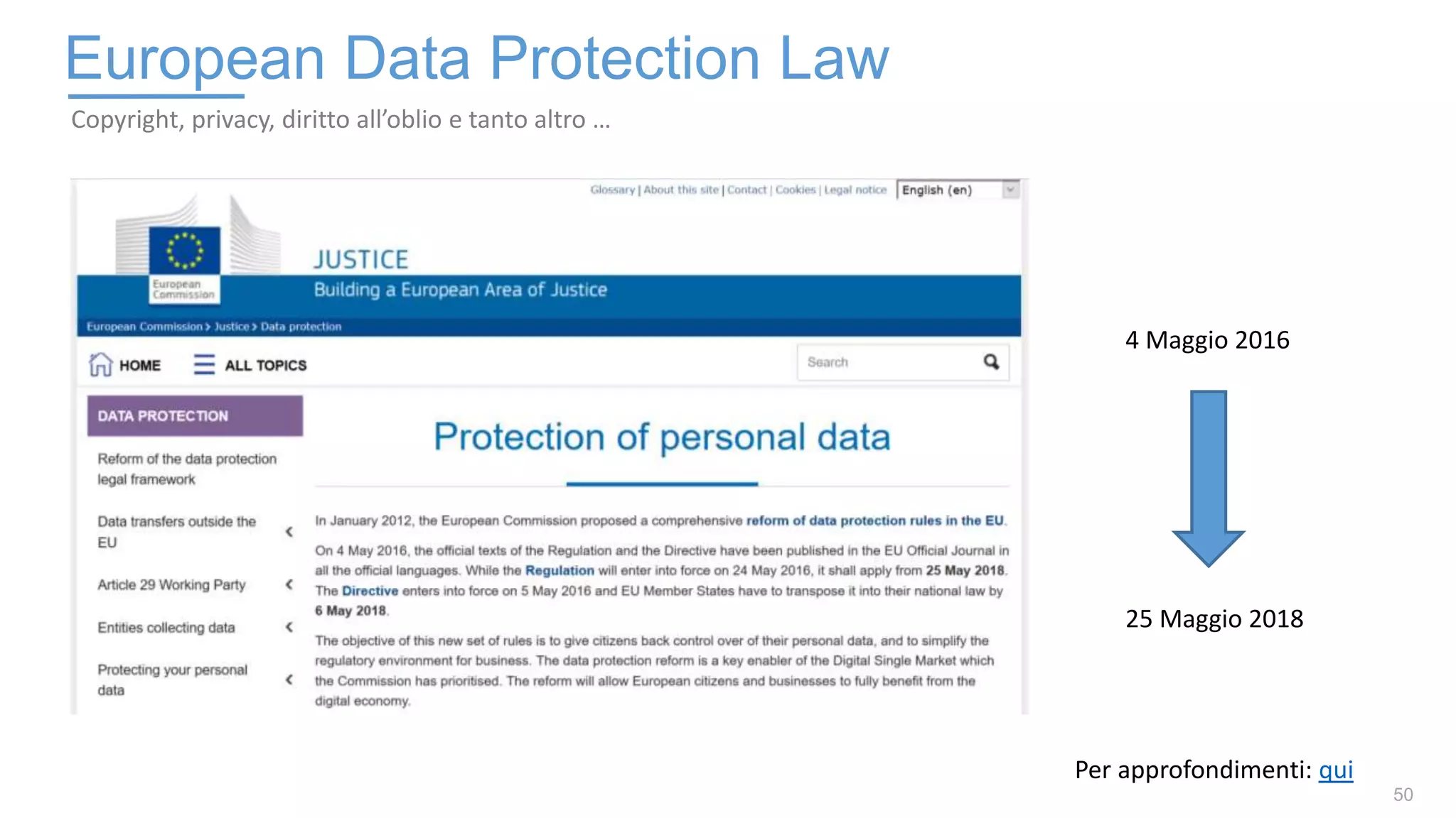 50
European Data Protection Law
Copyright, privacy, diritto all’oblio e tanto altro …
Per approfondimenti: qui
4 Maggio 2016
25 Maggio 2018
 