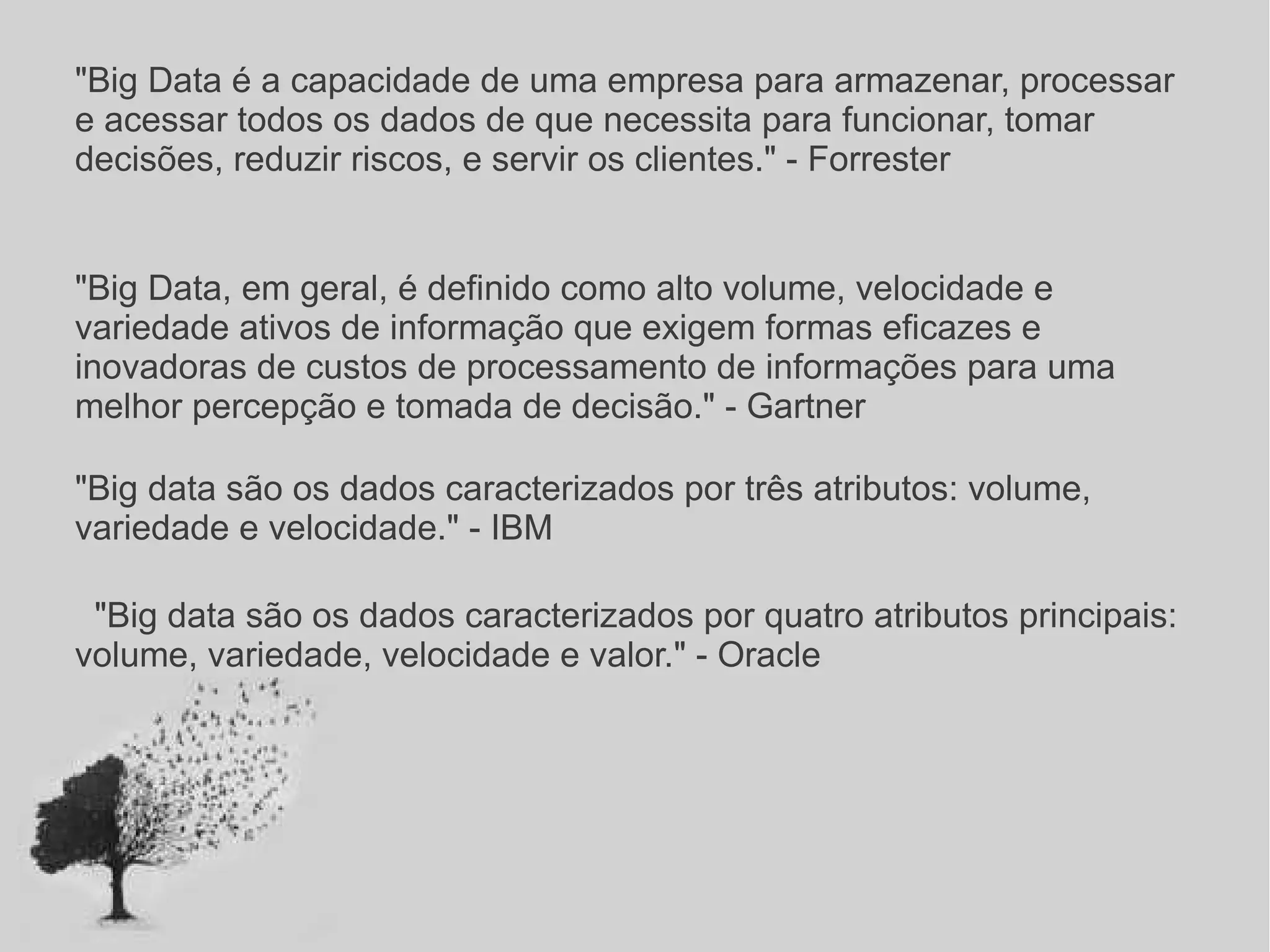 "Big Data é a capacidade de uma empresa para armazenar, processar 
e acessar todos os dados de que necessita para funcionar, tomar 
decisões, reduzir riscos, e servir os clientes." - Forrester 
"Big Data, em geral, é definido como alto volume, velocidade e 
variedade ativos de informação que exigem formas eficazes e 
inovadoras de custos de processamento de informações para uma 
melhor percepção e tomada de decisão." - Gartner 
"Big data são os dados caracterizados por três atributos: volume, 
variedade e velocidade." - IBM 
"Big data são os dados caracterizados por quatro atributos principais: 
volume, variedade, velocidade e valor." - Oracle 
 