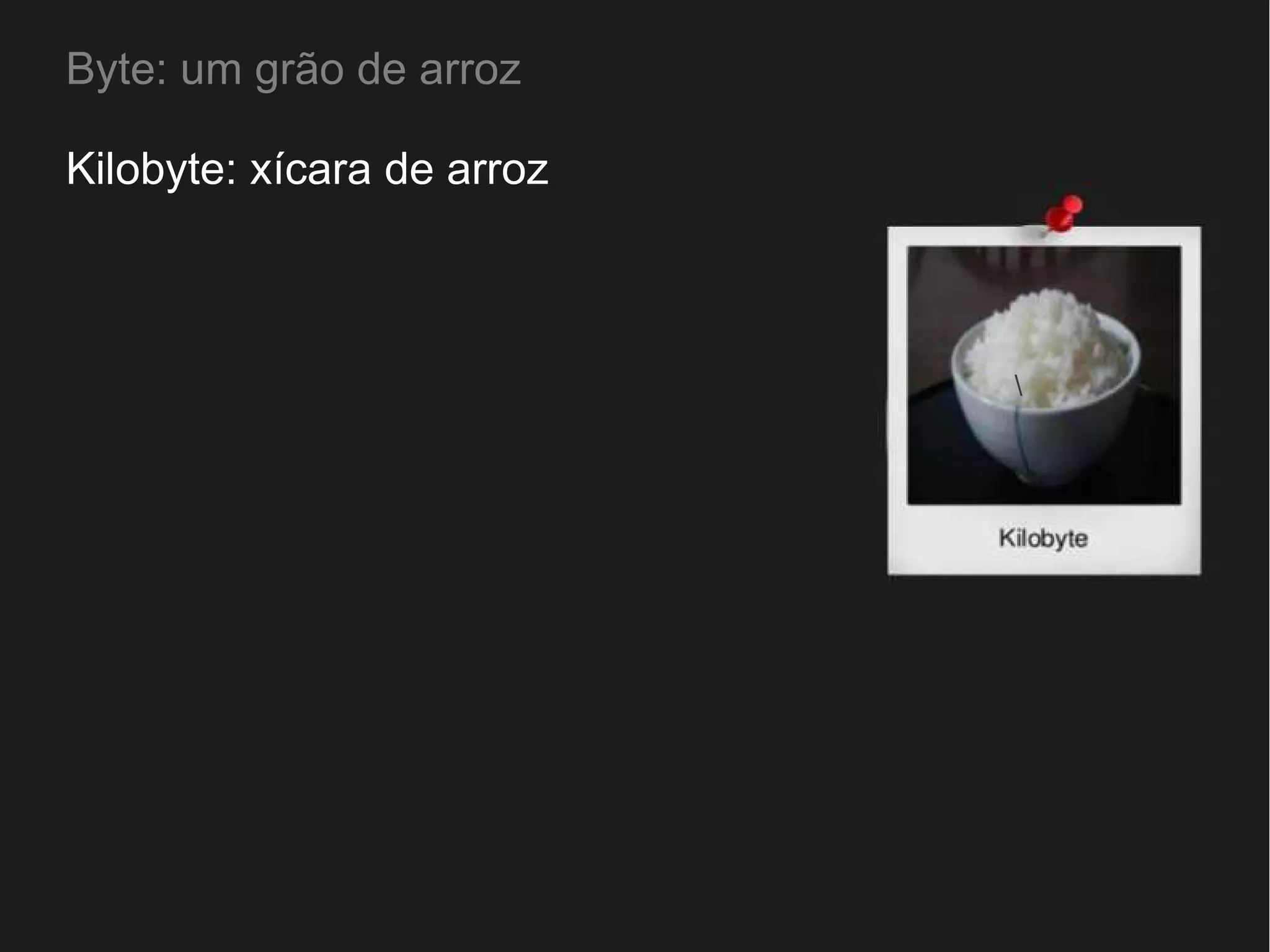 Byte: um grão de arroz 
Kilobyte: xícara de arroz 
 