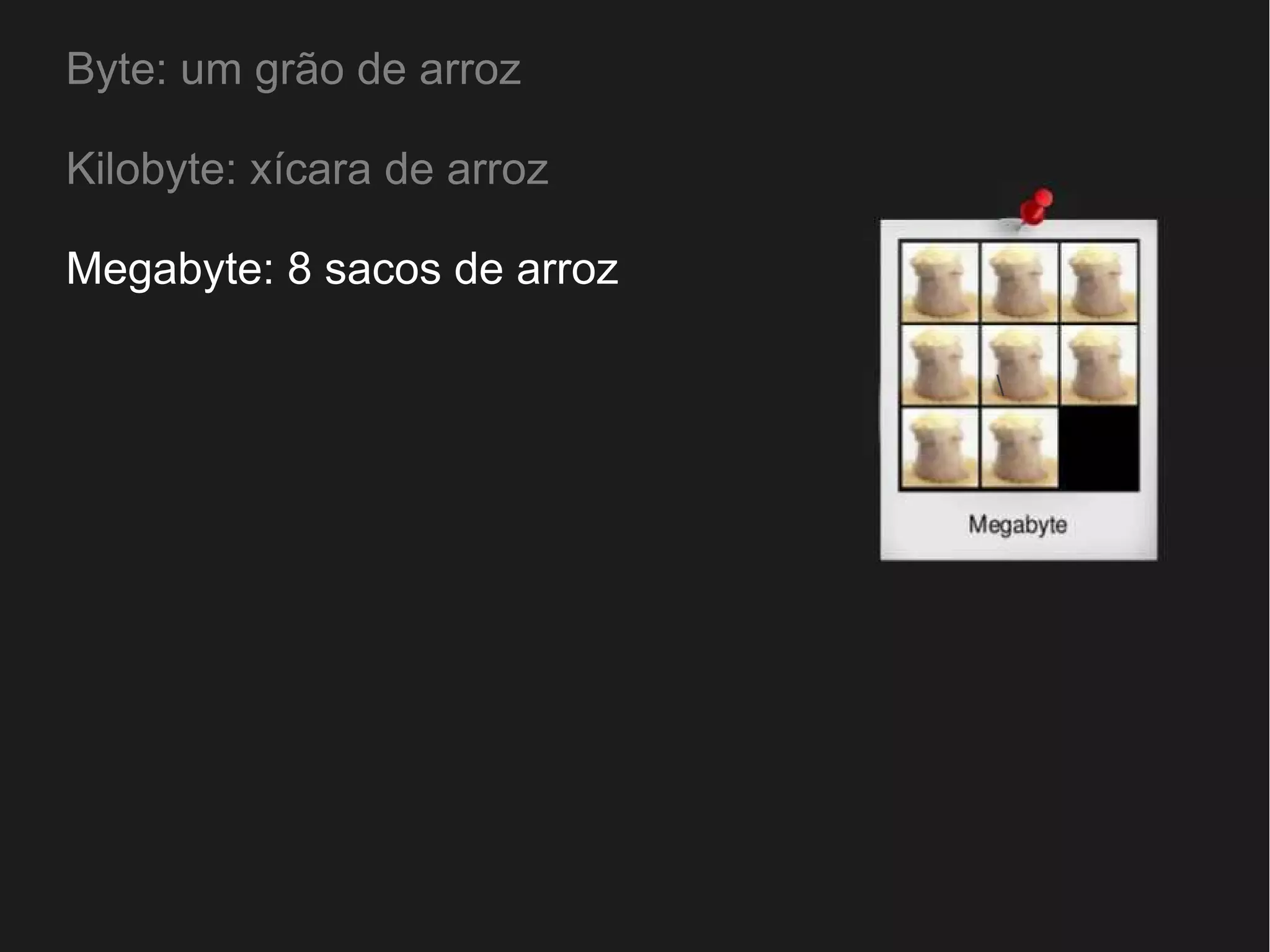 Byte: um grão de arroz 
Kilobyte: xícara de arroz 
Megabyte: 8 sacos de arroz 
 