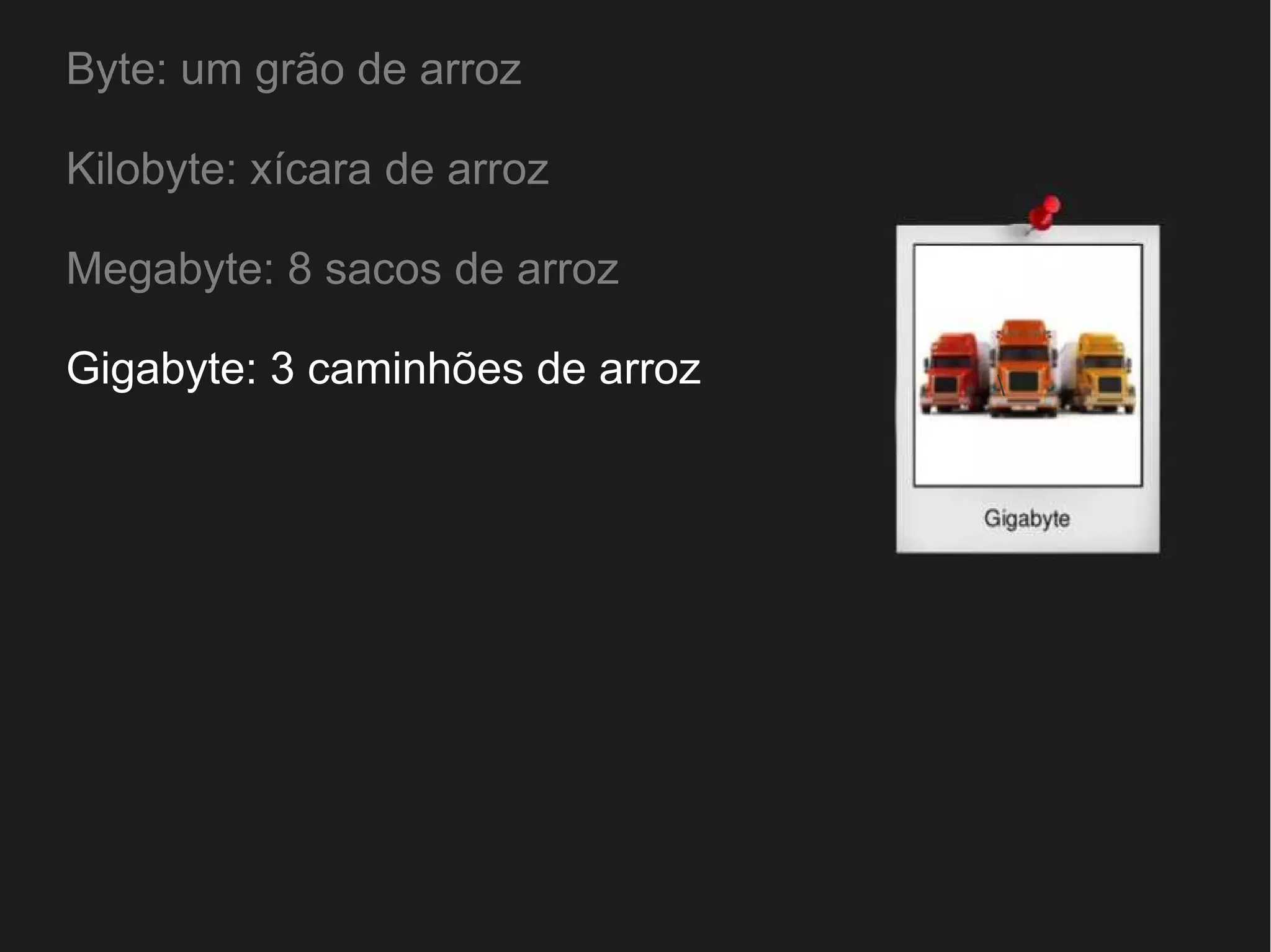 Byte: um grão de arroz 
Kilobyte: xícara de arroz 
Megabyte: 8 sacos de arroz 
Gigabyte: 3 caminhões de arroz 
 