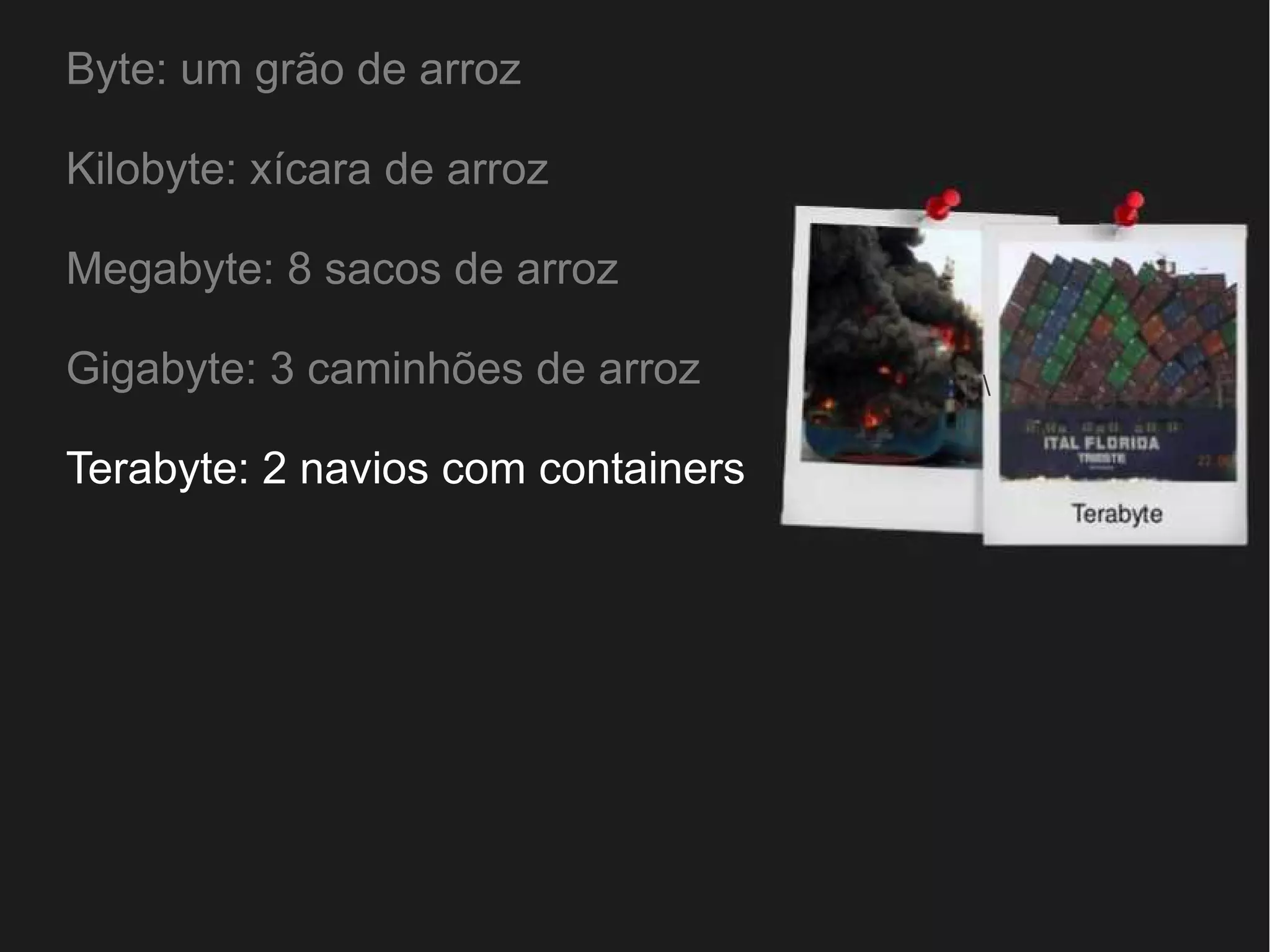 Byte: um grão de arroz 
Kilobyte: xícara de arroz 
Megabyte: 8 sacos de arroz 
Gigabyte: 3 caminhões de arroz 
Terabyte: 2 navios com containers 
 