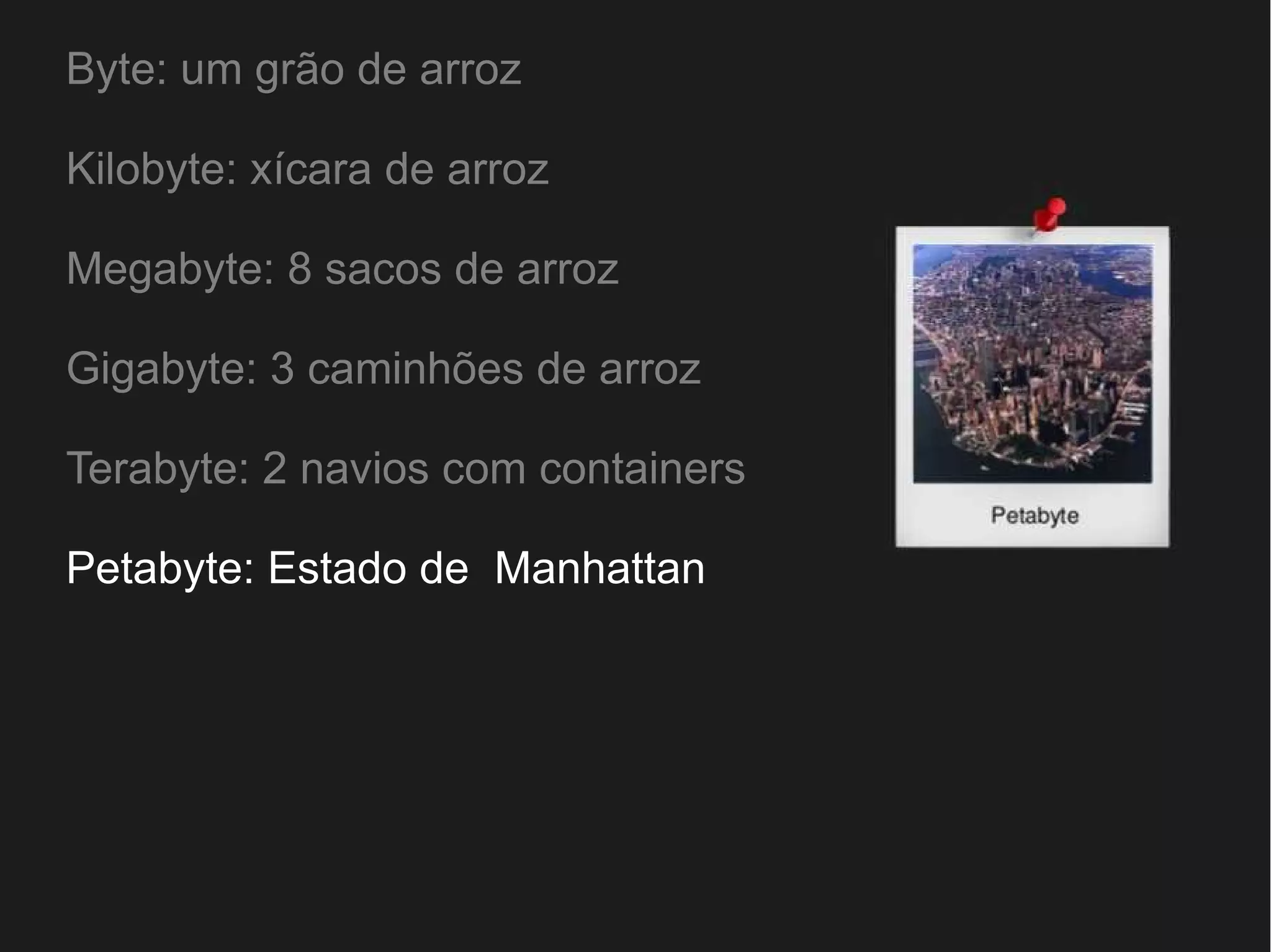 Byte: um grão de arroz 
Kilobyte: xícara de arroz 
Megabyte: 8 sacos de arroz 
Gigabyte: 3 caminhões de arroz 
Terabyte: 2 navios com containers 
Petabyte: Estado de Manhattan 
 
