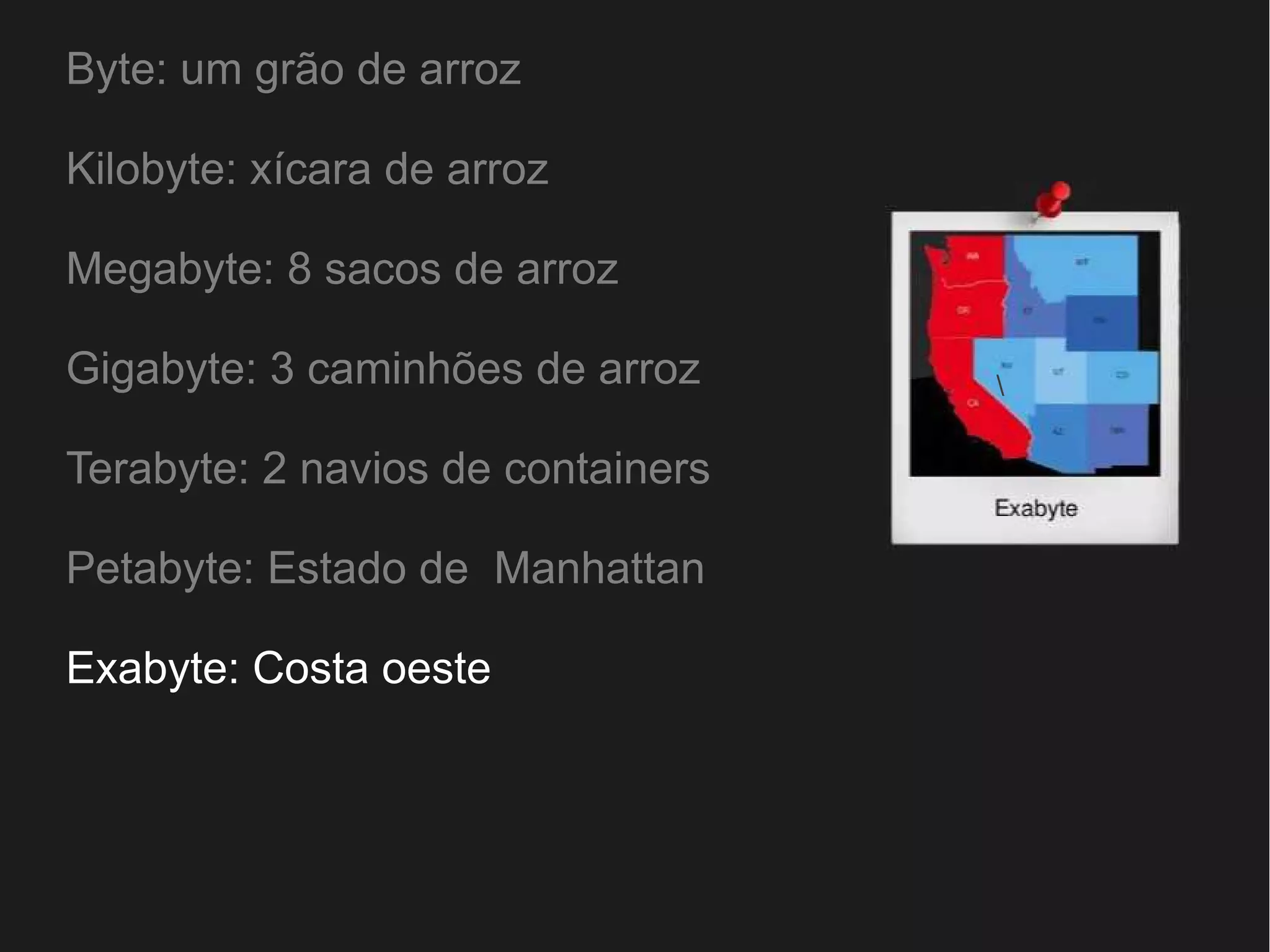 Byte: um grão de arroz 
Kilobyte: xícara de arroz 
Megabyte: 8 sacos de arroz 
Gigabyte: 3 caminhões de arroz 
Terabyte: 2 navios de containers 
Petabyte: Estado de Manhattan 
Exabyte: Costa oeste 
 