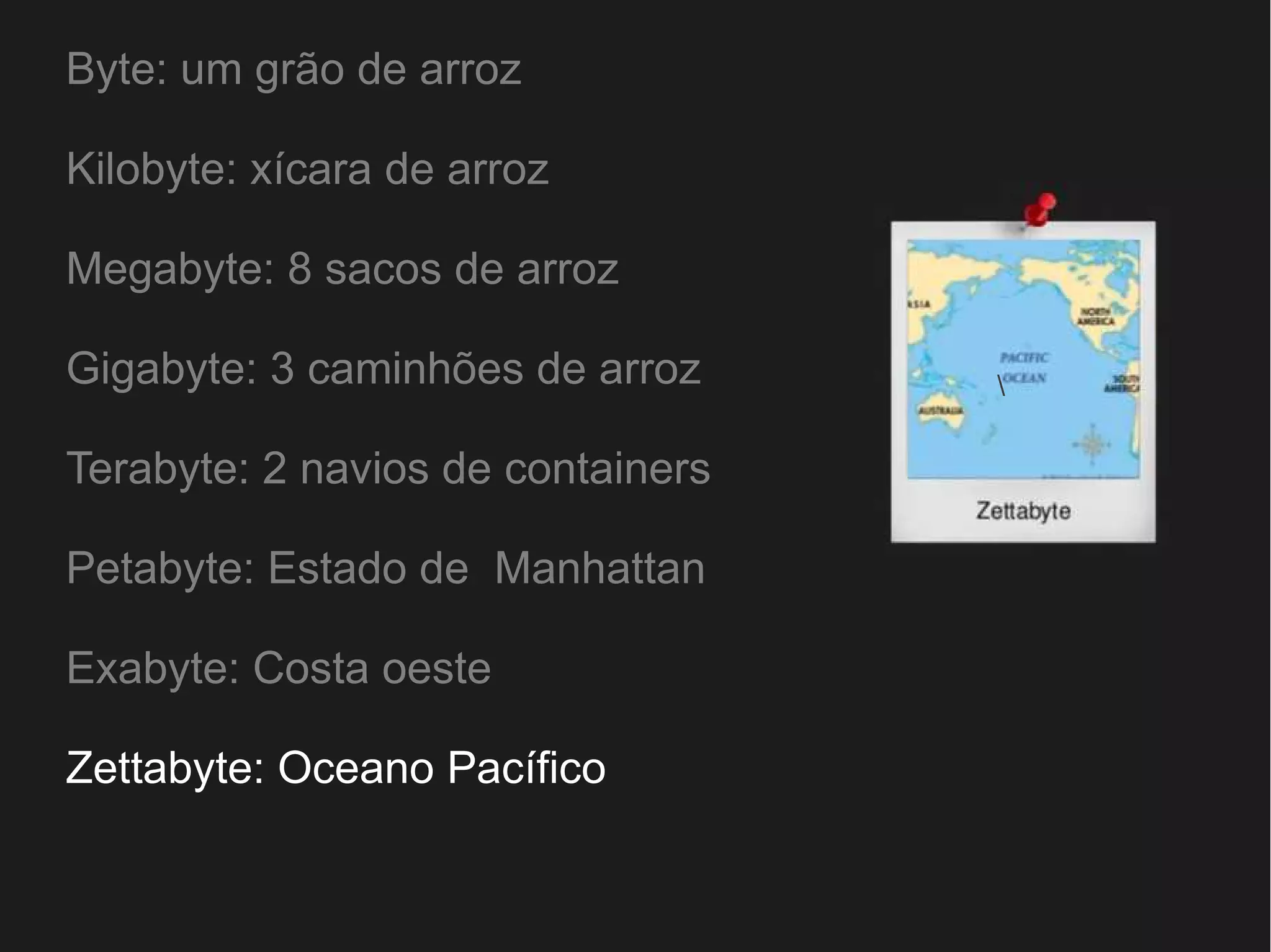 Byte: um grão de arroz 
Kilobyte: xícara de arroz 
Megabyte: 8 sacos de arroz 
Gigabyte: 3 caminhões de arroz 
Terabyte: 2 navios de containers 
Petabyte: Estado de Manhattan 
Exabyte: Costa oeste 
Zettabyte: Oceano Pacífico 
 