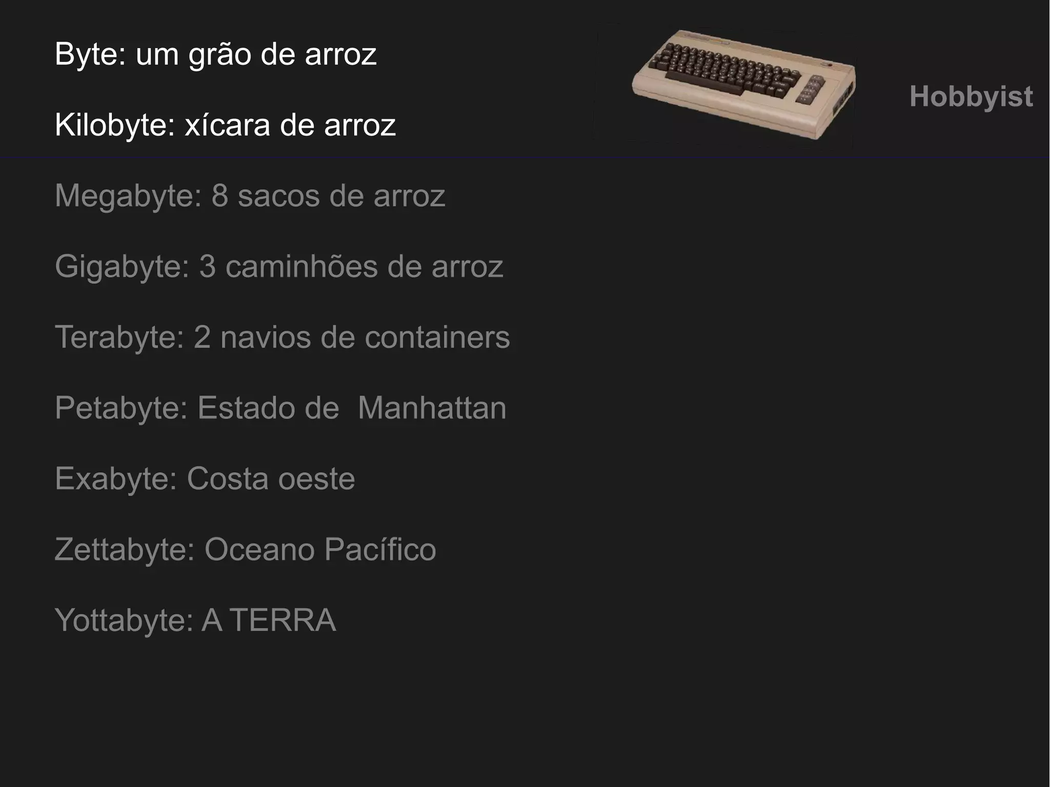 Byte: um grão de arroz 
Kilobyte: xícara de arroz 
Megabyte: 8 sacos de arroz 
Gigabyte: 3 caminhões de arroz 
Terabyte: 2 navios de containers 
Petabyte: Estado de Manhattan 
Exabyte: Costa oeste 
Zettabyte: Oceano Pacífico 
Yottabyte: A TERRA 
 
Hobbyist 
 