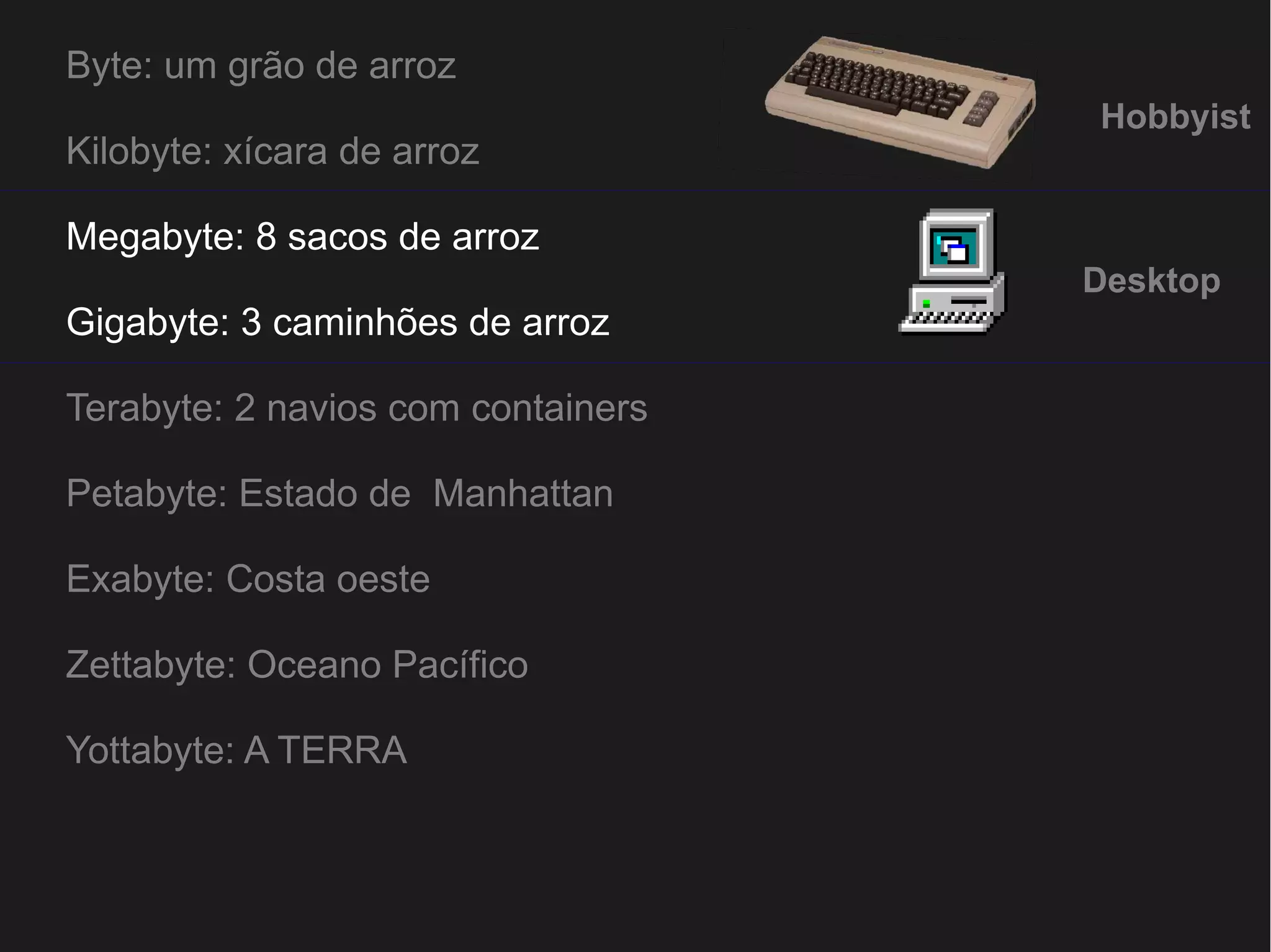 Byte: um grão de arroz 
 
Kilobyte: xícara de arroz 
Megabyte: 8 sacos de arroz 
Gigabyte: 3 caminhões de arroz 
Terabyte: 2 navios com containers 
Petabyte: Estado de Manhattan 
Exabyte: Costa oeste 
Zettabyte: Oceano Pacífico 
Yottabyte: A TERRA 
Hobbyist 
Desktop 
 