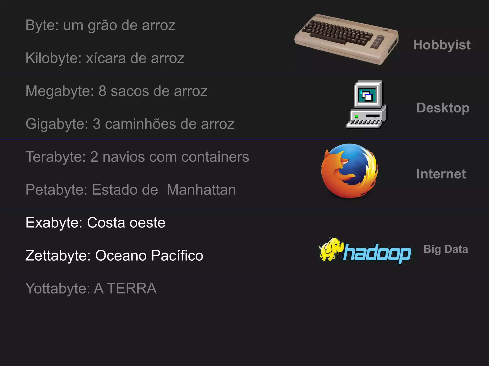 Byte: um grão de arroz 
 
Kilobyte: xícara de arroz 
Megabyte: 8 sacos de arroz 
Gigabyte: 3 caminhões de arroz 
Terabyte: 2 navios com containers 
Petabyte: Estado de Manhattan 
Exabyte: Costa oeste 
Zettabyte: Oceano Pacífico 
Yottabyte: A TERRA 
Hobbyist 
Desktop 
Internet 
Big Data 
 