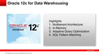 Copyright © 2013, Oracle and/or its affiliates. All rights reserved.22
Highlights
1. Multitenant Architecture
2. In-Memory
3. Adaptive Query Optimization
4. SQL Pattern Matching
Oracle 12c for Data Warehousing
 