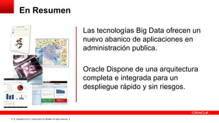 Copyright © 2013, Oracle and/or its affiliates. All rights reserved.37
Las tecnologías Big Data ofrecen un
nuevo abanico de aplicaciones en
administración publica.
Oracle Dispone de una arquitectura
completa e integrada para un
despliegue rápido y sin riesgos.
En Resumen
 