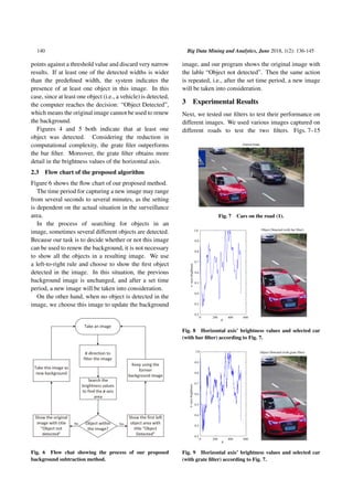 140 Big Data Mining and Analytics, June 2018, 1(2): 136-145
points against a threshold value and discard very narrow
results. If at least one of the detected widths is wider
than the predefined width, the system indicates the
presence of at least one object in this image. In this
case, since at least one object (i.e., a vehicle) is detected,
the computer reaches the decision: “Object Detected”,
which means the original image cannot be used to renew
the background.
Figures 4 and 5 both indicate that at least one
object was detected. Considering the reduction in
computational complexity, the grate filer outperforms
the bar filter. Moreover, the grate filter obtains more
detail in the brightness values of the horizontal axis.
2.3 Flow chart of the proposed algorithm
Figure 6 shows the flow chart of our proposed method.
The time period for capturing a new image may range
from several seconds to several minutes, as the setting
is dependent on the actual situation in the surveillance
area.
In the process of searching for objects in an
image, sometimes several different objects are detected.
Because our task is to decide whether or not this image
can be used to renew the background, it is not necessary
to show all the objects in a resulting image. We use
a left-to-right rule and choose to show the first object
detected in the image. In this situation, the previous
background image is unchanged, and after a set time
period, a new image will be taken into consideration.
On the other hand, when no object is detected in the
image, we choose this image to update the background
Fig. 6 Flow chat showing the process of our proposed
background subtraction method.
image, and our program shows the original image with
the lable “Object not detected”. Then the same action
is repeated, i.e., after the set time period, a new image
will be taken into consideration.
3 Experimental Results
Next, we tested our filters to test their performance on
different images. We used various images captured on
different roads to test the two filters. Figs. 7–15
Original Image
Fig. 7 Cars on the road (1).
Fig. 8 Horizontal axis’ brightness values and selected car
(with bar filter) according to Fig. 7.
Fig. 9 Horizontal axis’ brightness values and selected car
(with grate filter) according to Fig. 7.
 