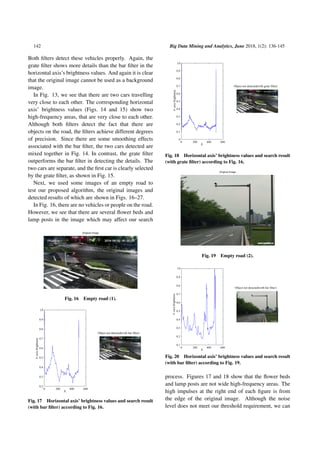142 Big Data Mining and Analytics, June 2018, 1(2): 136-145
Both filters detect these vehicles properly. Again, the
grate filter shows more details than the bar filter in the
horizontal axis’s brightness values. And again it is clear
that the original image cannot be used as a background
image.
In Fig. 13, we see that there are two cars travelling
very close to each other. The corresponding horizontal
axis’ brightness values (Figs. 14 and 15) show two
high-frequency areas, that are very close to each other.
Although both filters detect the fact that there are
objects on the road, the filters achieve different degrees
of precision. Since there are some smoothing effects
associated with the bar filter, the two cars detected are
mixed together in Fig. 14. In contrast, the grate filter
outperforms the bar filter in detecting the details. The
two cars are separate, and the first car is clearly selected
by the grate filter, as shown in Fig. 15.
Next, we used some images of an empty road to
test our proposed algorithm, the original images and
detected results of which are shown in Figs. 16–27.
In Fig. 16, there are no vehicles or people on the road.
However, we see that there are several flower beds and
lamp posts in the image which may affect our search
Original Image
Fig. 16 Empty road (1).
Fig. 17 Horizontal axis’ brightness values and search result
(with bar filter) according to Fig. 16.
Fig. 18 Horizontal axis’ brightness values and search result
(with grate filter) according to Fig. 16.
Original Image
Fig. 19 Empty road (2).
Fig. 20 Horizontal axis’ brightness values and search result
(with bar filter) according to Fig. 19.
process. Figures 17 and 18 show that the flower beds
and lamp posts are not wide high-frequency areas. The
high impulses at the right end of each figure is from
the edge of the original image. Although the noise
level does not meet our threshold requirement, we can
 
