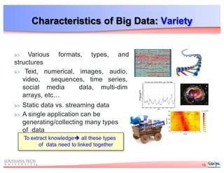Characteristics of Big Data: Variety
 Various formats, types, and
structures
 Text, numerical, images, audio,
video, sequences, time series,
social media data, multi-dim
arrays, etc…
 Static data vs. streaming data
 A single application can be
generating/collecting many types
of data
To extract knowledge all these types
of data need to linked together
13
 