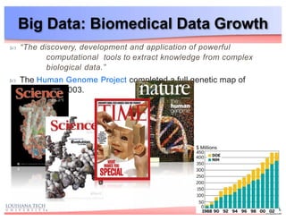 Big Data: Biomedical Data Growth
 “The discovery, development and application of powerful
computational tools to extract knowledge from complex
biological data.”
 The Human Genome Project completed a full genetic map of
humans in 2003.
44
 