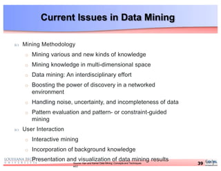 Current Issues in Data Mining
39Source: Han and Kamer Data Mining: Concepts and Techniques
ed2
 Mining Methodology
o Mining various and new kinds of knowledge
o Mining knowledge in multi-dimensional space
o Data mining: An interdisciplinary effort
o Boosting the power of discovery in a networked
environment
o Handling noise, uncertainty, and incompleteness of data
o Pattern evaluation and pattern- or constraint-guided
mining
 User Interaction
o Interactive mining
o Incorporation of background knowledge
o Presentation and visualization of data mining results
 