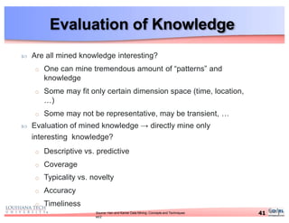 Evaluation of Knowledge
41Source: Han and Kamer Data Mining: Concepts and Techniques
ed2
 Are all mined knowledge interesting?
o One can mine tremendous amount of “patterns” and
knowledge
o Some may fit only certain dimension space (time, location,
…)
o Some may not be representative, may be transient, …
 Evaluation of mined knowledge → directly mine only
interesting knowledge?
o Descriptive vs. predictive
o Coverage
o Typicality vs. novelty
o Accuracy
o Timeliness
 